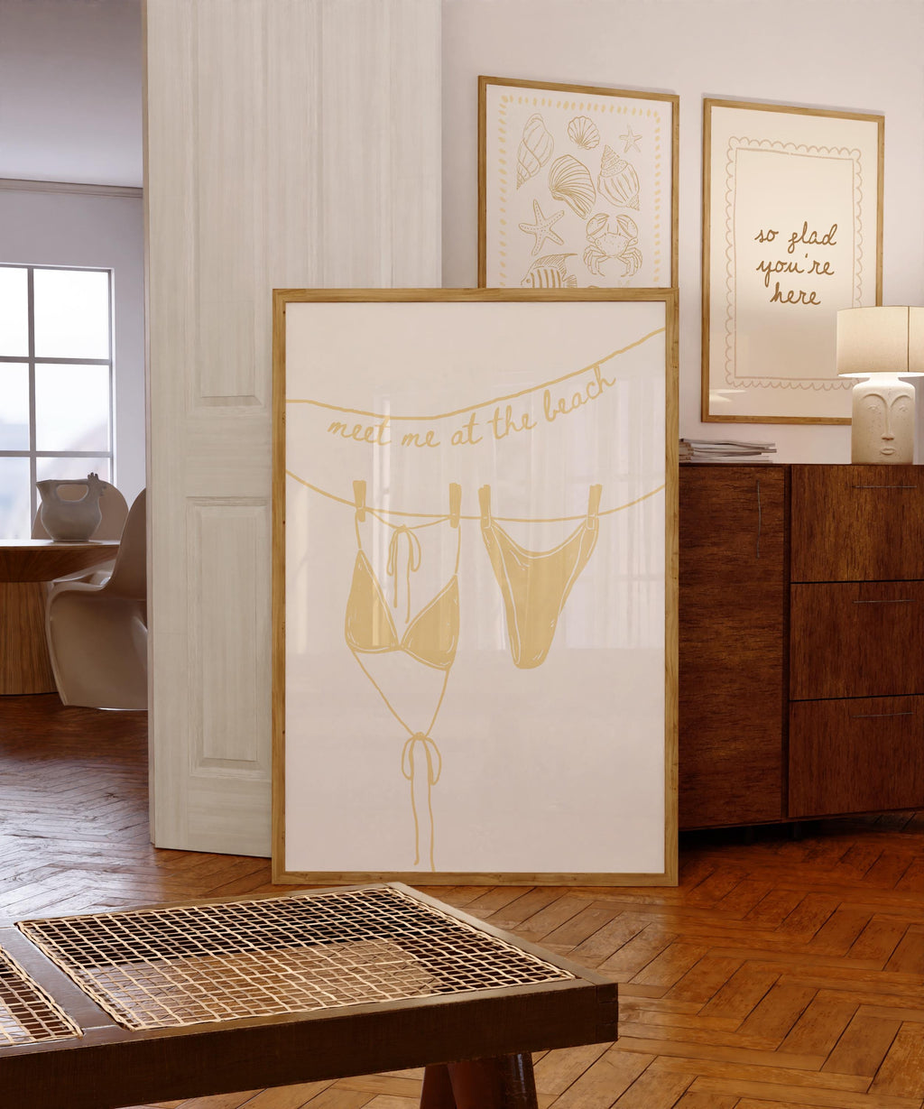 Meet Me at the Beach Wall Art, Neutral Coastal Bathroom Print, Beige Line Art Bikini Poster, Hamptons Beach House Decor, Summer Printable