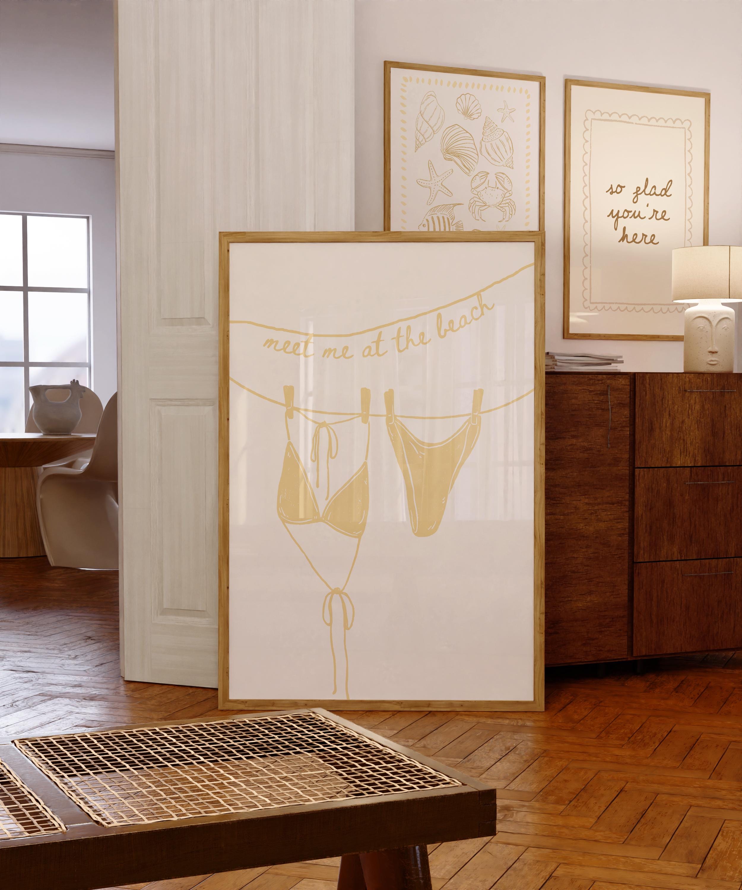 Meet Me at the Beach Wall Art, Neutral Coastal Bathroom Print, Beige Line Art Bikini Poster, Hamptons Beach House Decor, Summer Printable