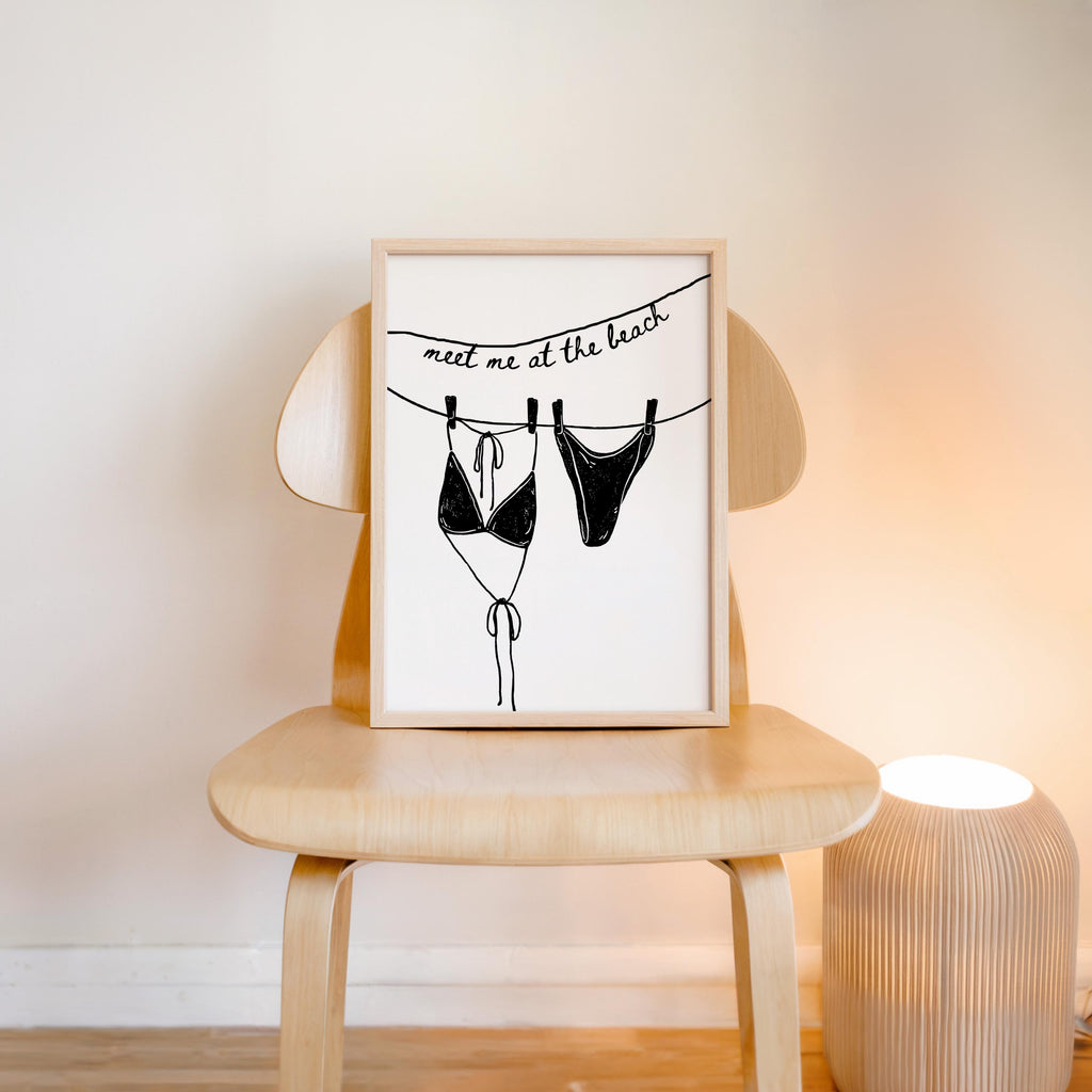 Meet Me at the Beach Wall Art, Black Line Art Bikini Print, Modern Bathroom Decor, Minimal Beach Poster, Trendy Apartment Printable