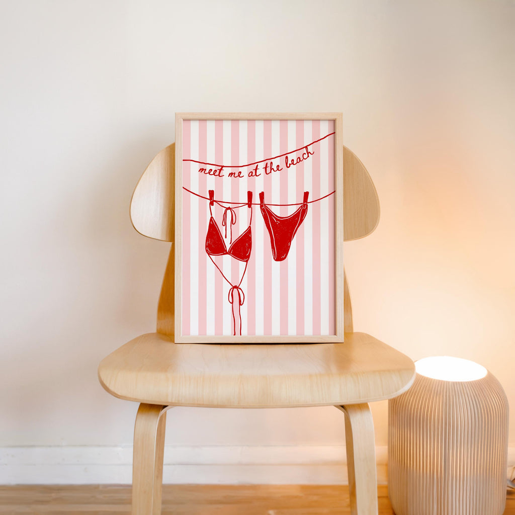 Meet Me at the Beach Wall Art, Red Bikini Line Art Print, Retro Pop Art Poster, Flirty Bathroom Decor, Girls Night Apartment Printable