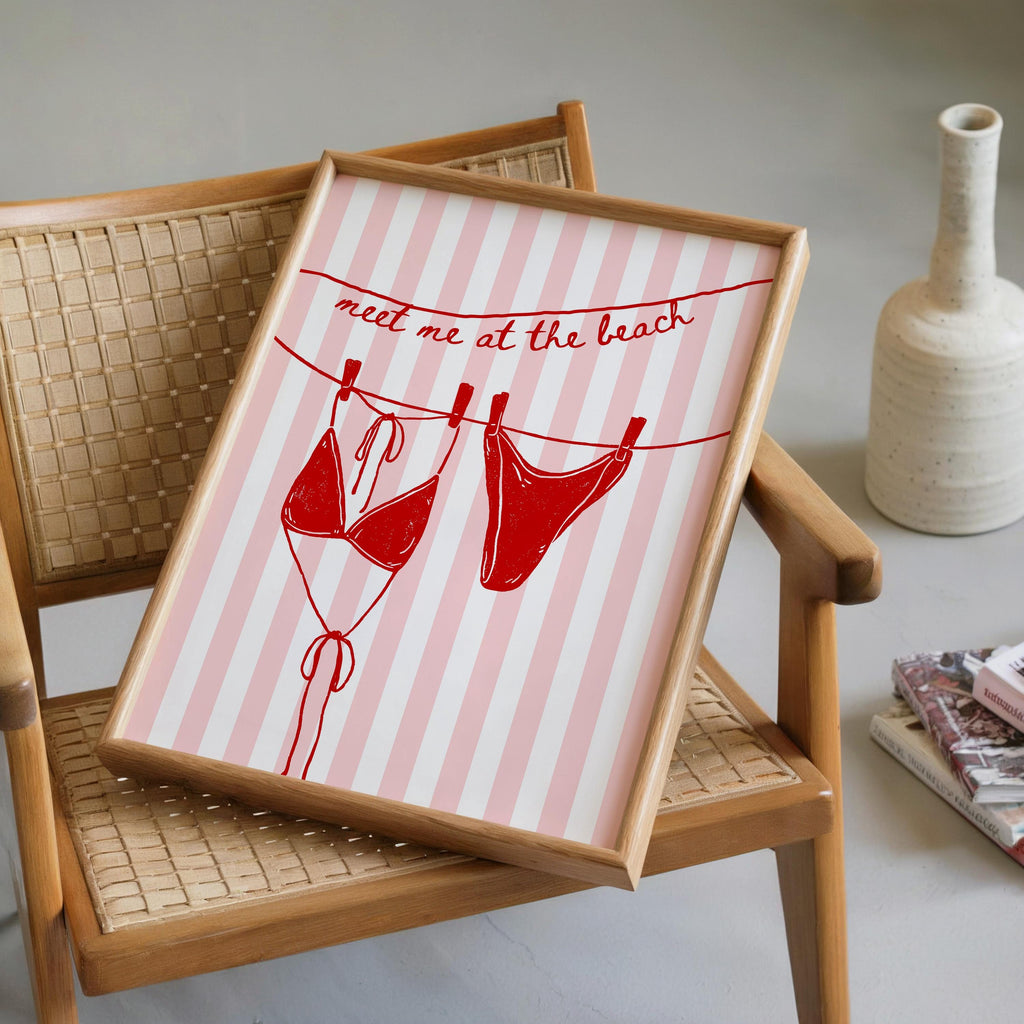 Meet Me at the Beach Wall Art, Red Bikini Line Art Print, Retro Pop Art Poster, Flirty Bathroom Decor, Girls Night Apartment Printable