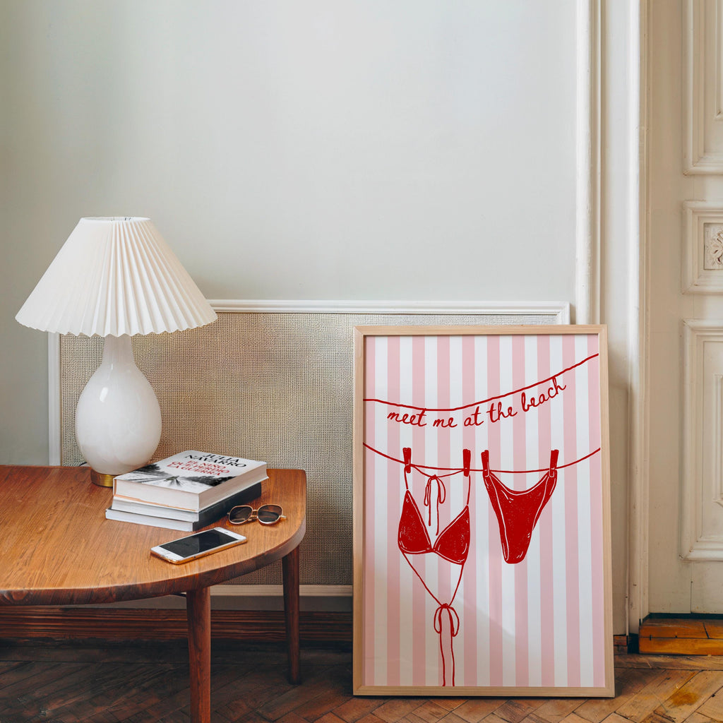 Meet Me at the Beach Wall Art, Red Bikini Line Art Print, Retro Pop Art Poster, Flirty Bathroom Decor, Girls Night Apartment Printable