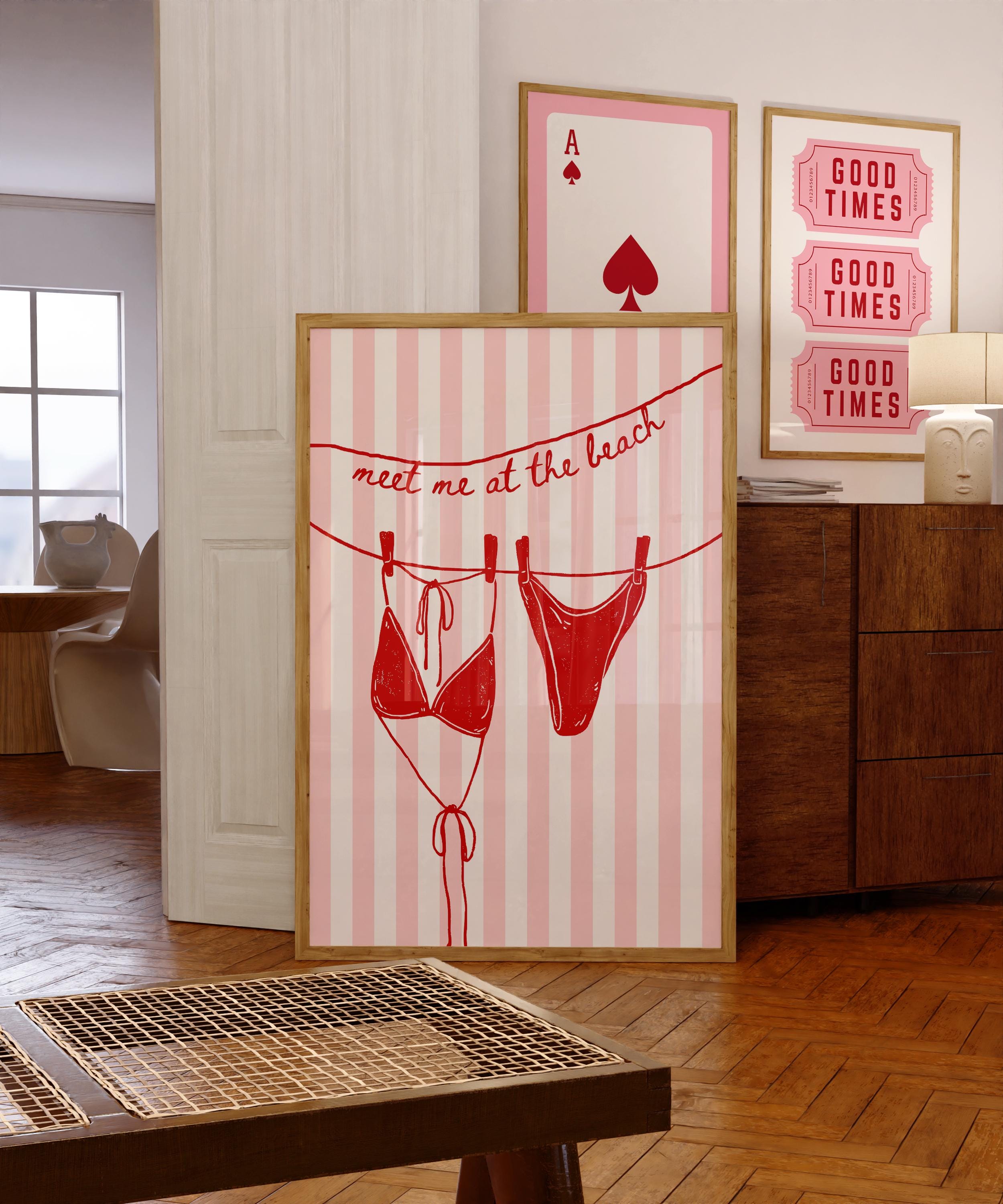 Meet Me at the Beach Wall Art, Red Bikini Line Art Print, Retro Pop Art Poster, Flirty Bathroom Decor, Girls Night Apartment Printable