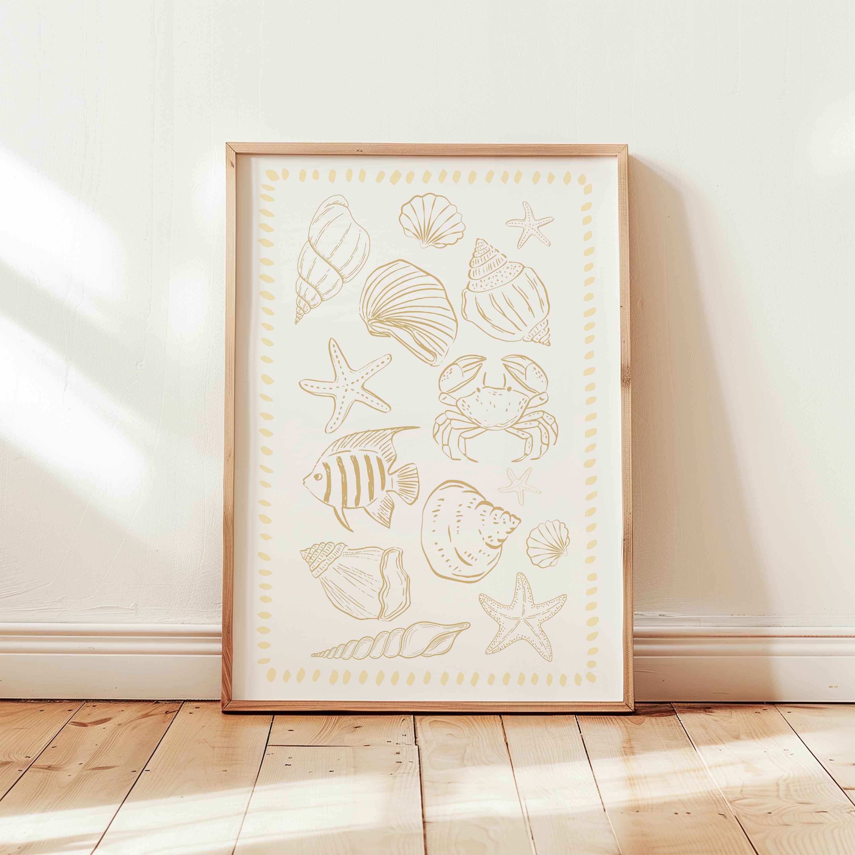 Coastal Shell Wall Art, Neutral Beach Print, Seashell Line Art Poster, Hamptons Coastal Decor, Minimal Ocean Bathroom Printable