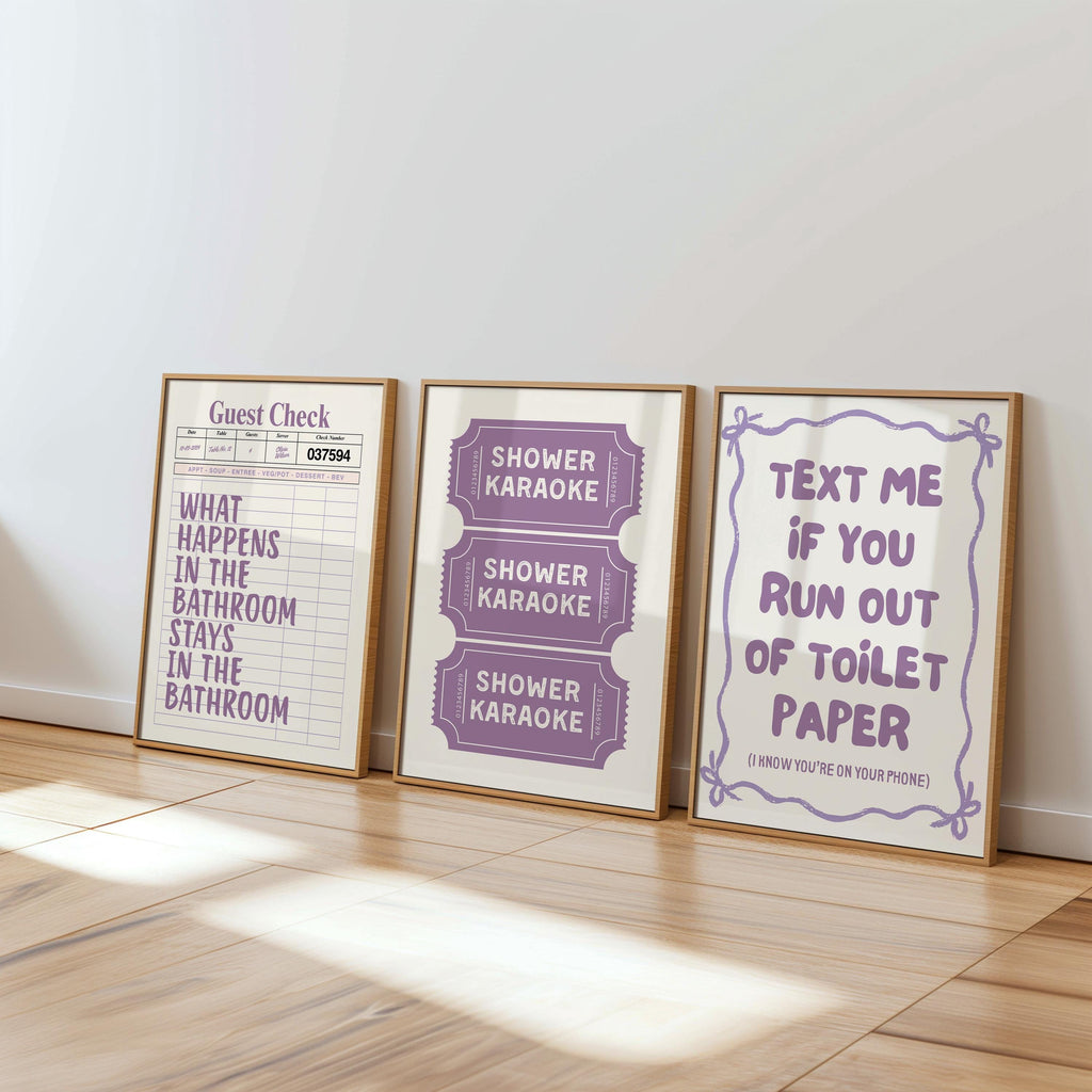 Purple Bathroom Wall Art Set of 6, Funny Bathroom Prints, Trendy Lavender Decor, Cute Toilet Humor Posters, Apartment Bathroom Printable