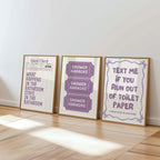 Purple Bathroom Wall Art Set of 6, Funny Bathroom Prints, Trendy Lavender Decor, Cute Toilet Humor Posters, Apartment Bathroom Printable