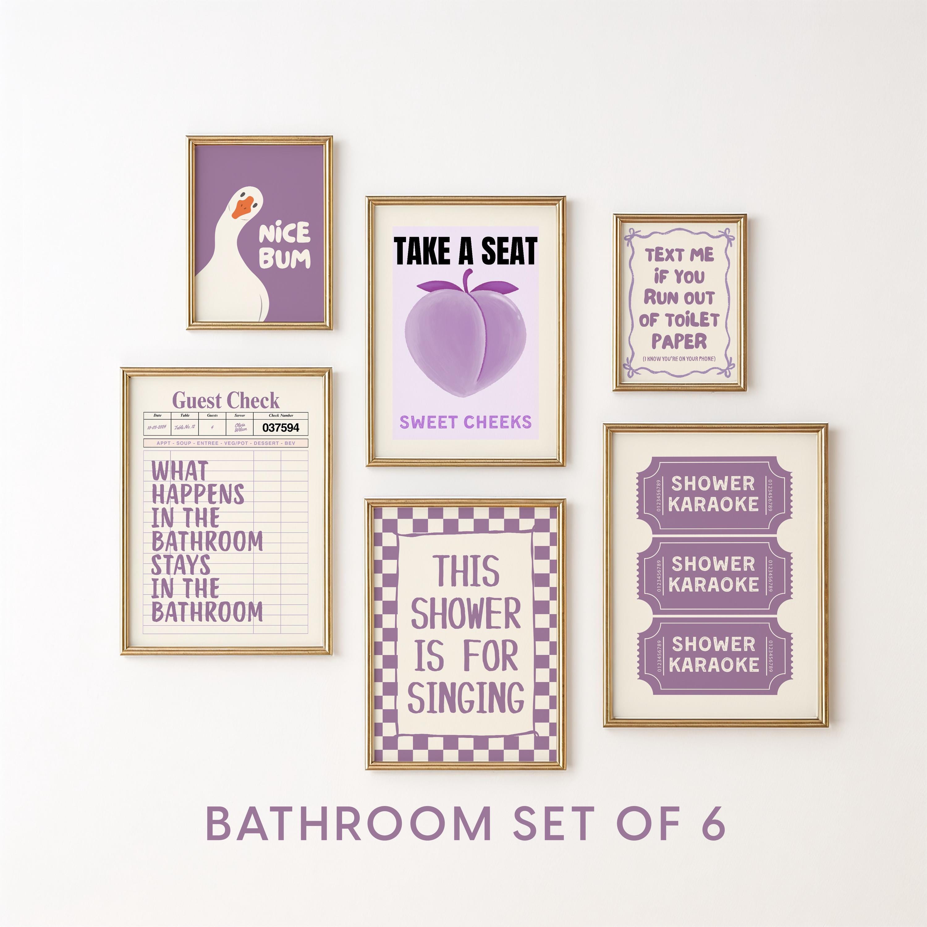 Purple Bathroom Wall Art Set of 6, Funny Bathroom Prints, Trendy Lavender Decor, Cute Toilet Humor Posters, Apartment Bathroom Printable