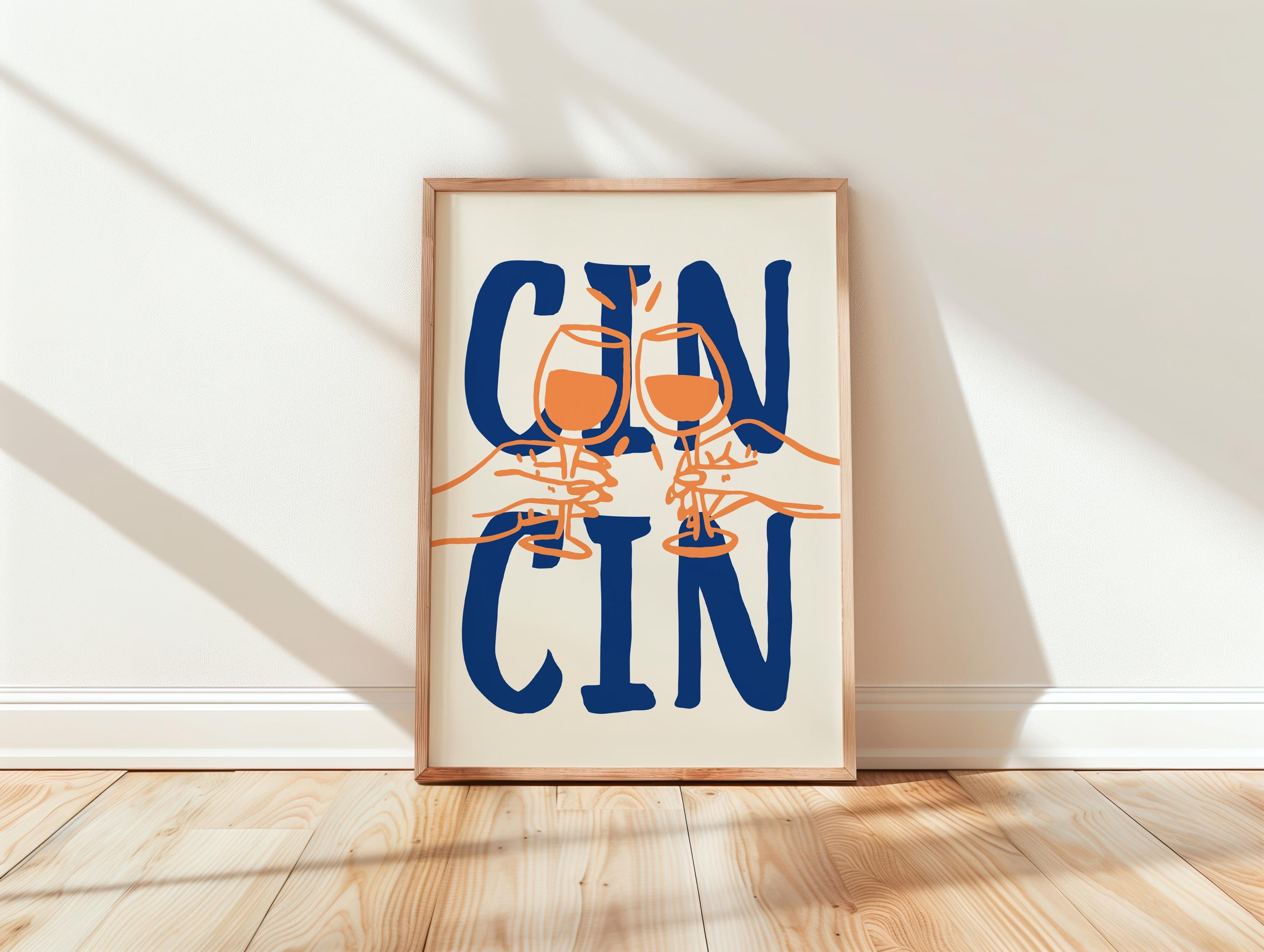 Cin Cin Print Trendy Printable Art, Wine Poster Blue & Orange Fun Wall Art, Aesthetic Room Decor Retro Wine Drawing, Bar Cart Print, DIGITAL