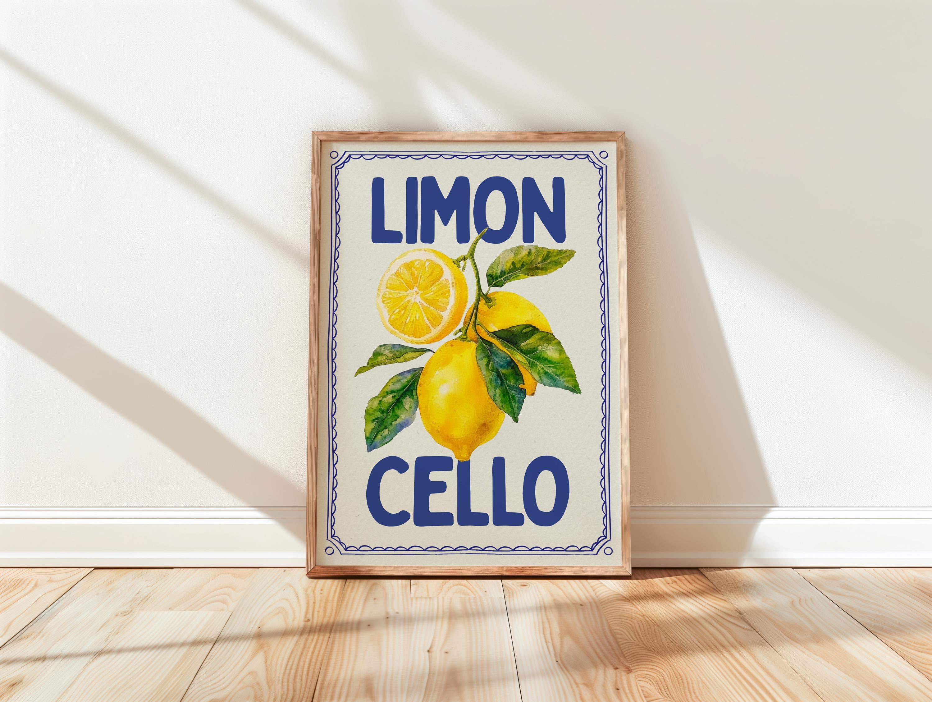 Limoncello Lemon Wall Art, Italian Kitchen Decor, Summer Fruit Poster, Retro Mediterranean Print, Bar Cart Wall Art, DIGITAL DOWNLOAD