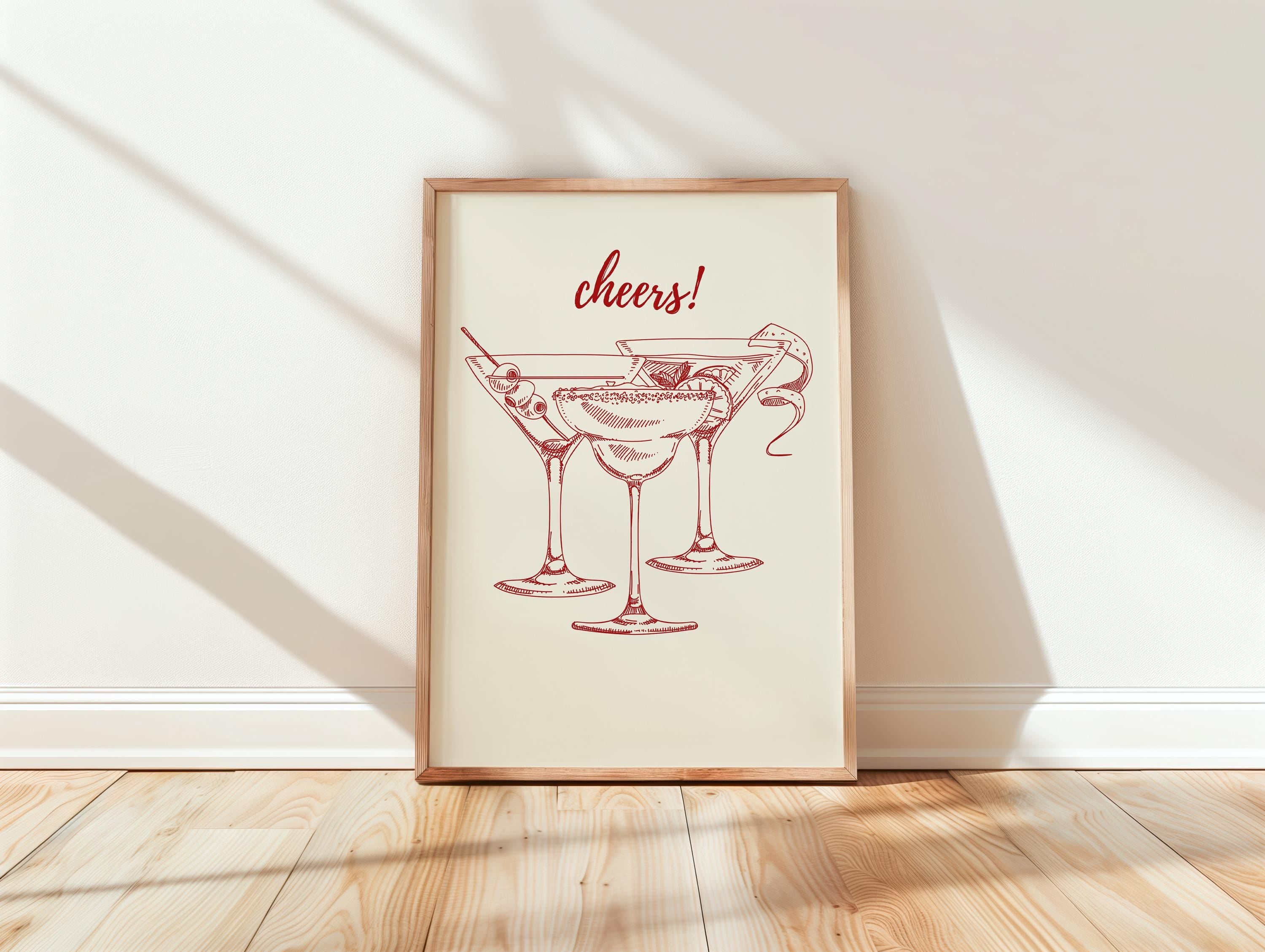 Cheers Print Red, Bar Cart Poster, Trendy Wall Art, Retro Kitchen Poster, Red Aesthetic Decor Cocktail Wall Preppy Drink Print DIGITAL PRINT
