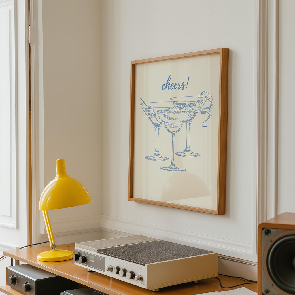 Cheers Print Blue Bar Cart Print, Trendy Wall Art, Baby Blue Aesthetic, Retro Kitchen Poster, Drink Print, Cocktail Wall Art, Digital Prints