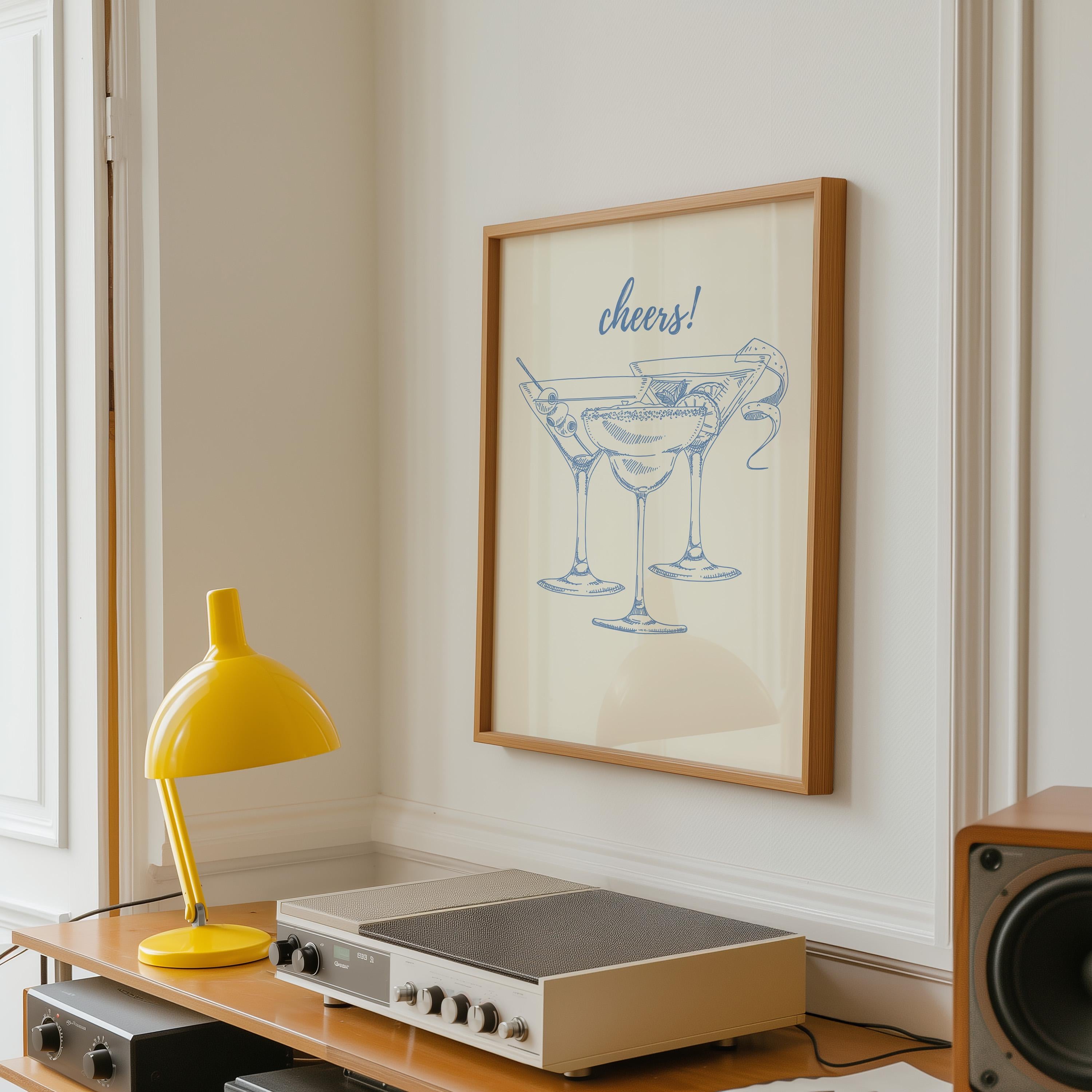 Cheers Print Blue Bar Cart Print, Trendy Wall Art, Baby Blue Aesthetic, Retro Kitchen Poster, Drink Print, Cocktail Wall Art, Digital Prints