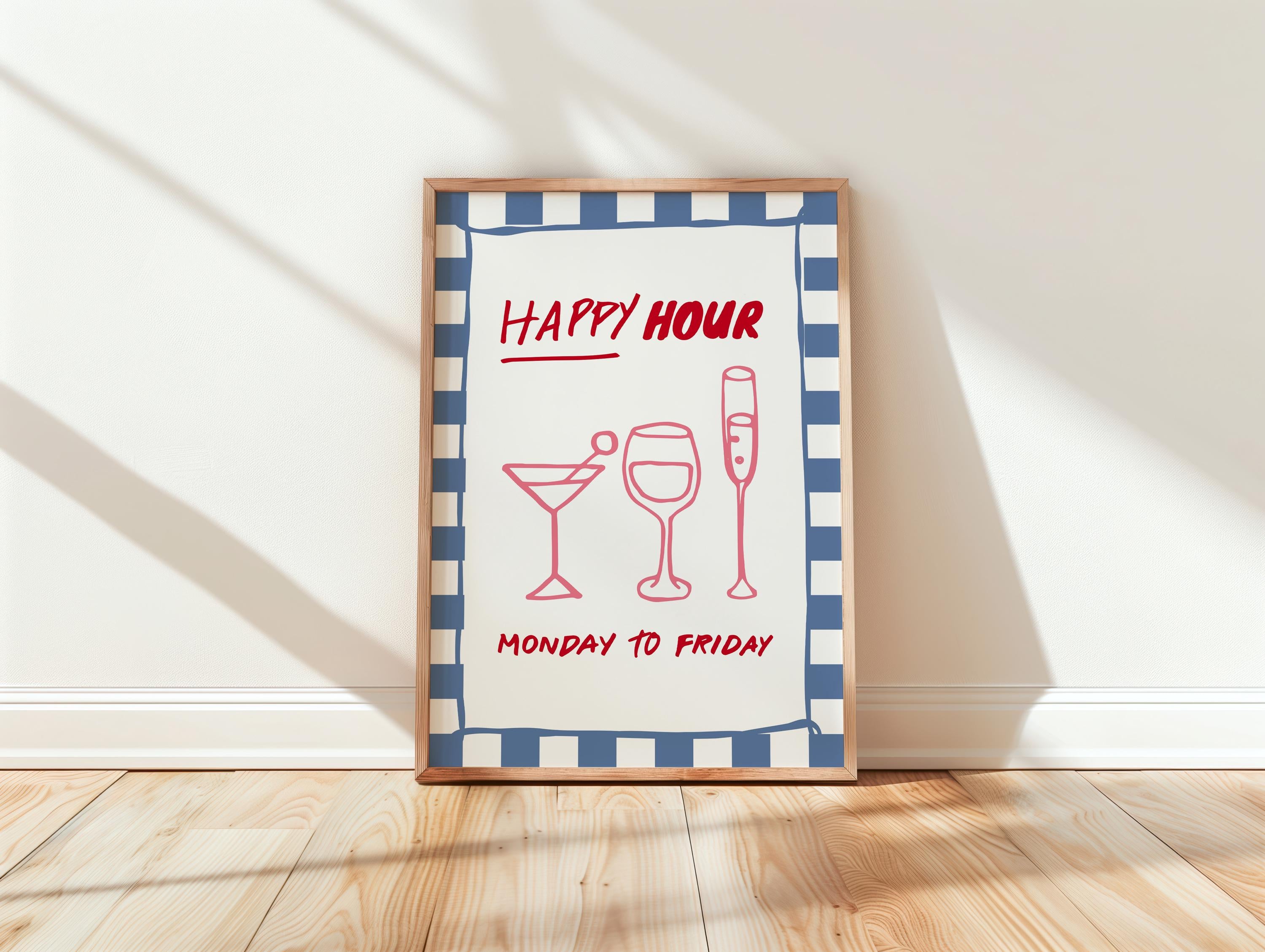 Happy Hour Wall Art Print, Italian Bar Cart Decor, Retro Blue Checkered Poster, Wine Cocktail Art, Kitchen Dining Room Print, DIGITAL
