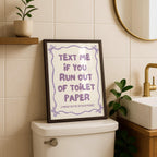 Text Me If You Run Out of Toilet Paper Purple Bathroom Wall Art Printable, Funny Bathroom Sign, Cute Toilet Humor Decor