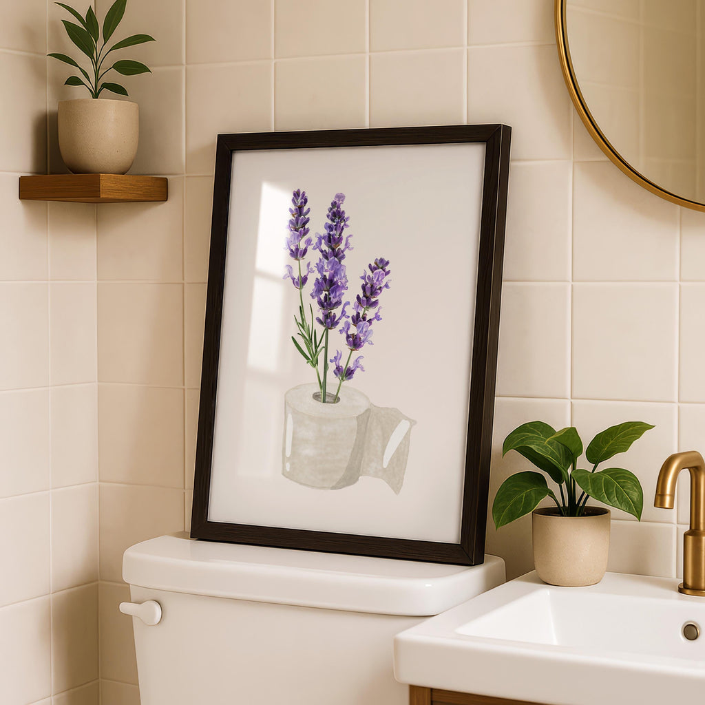 Lavender Bathroom Wall Art Printable, Toilet Paper Flower Art, Purple Floral Bathroom Decor, Minimal Funny Bathroom Print