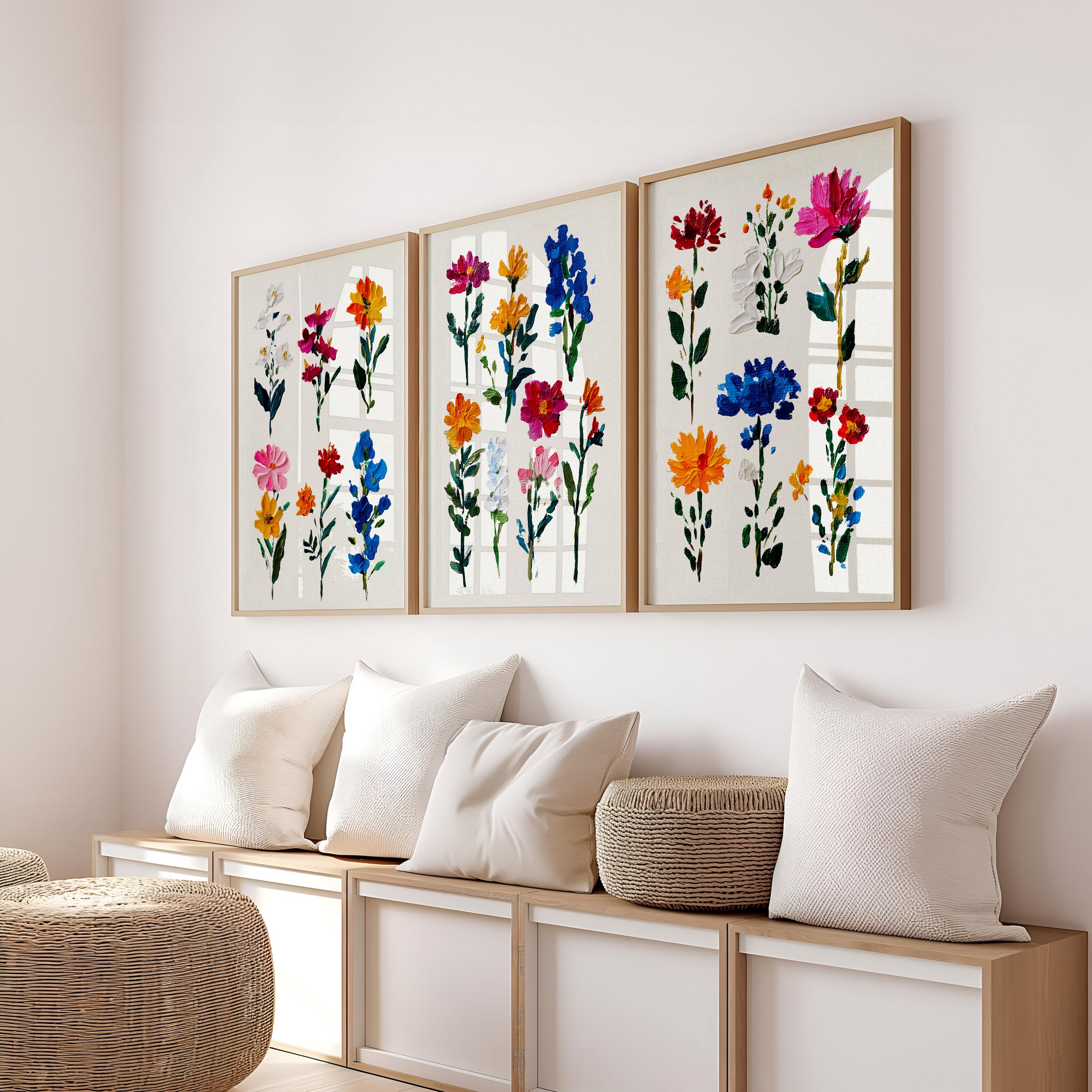 Spring Floral Wall Art Set of 3 Printable, Colorful Botanical Flower Prints, Modern Gallery Wall Decor, Aesthetic Home Art Living Room