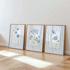 Spring Blue Floral Wall Art Set of 3 Printable, Striped Botanical Flower Prints, Coastal Cottage Gallery Wall Decor for Living Room Bedroom