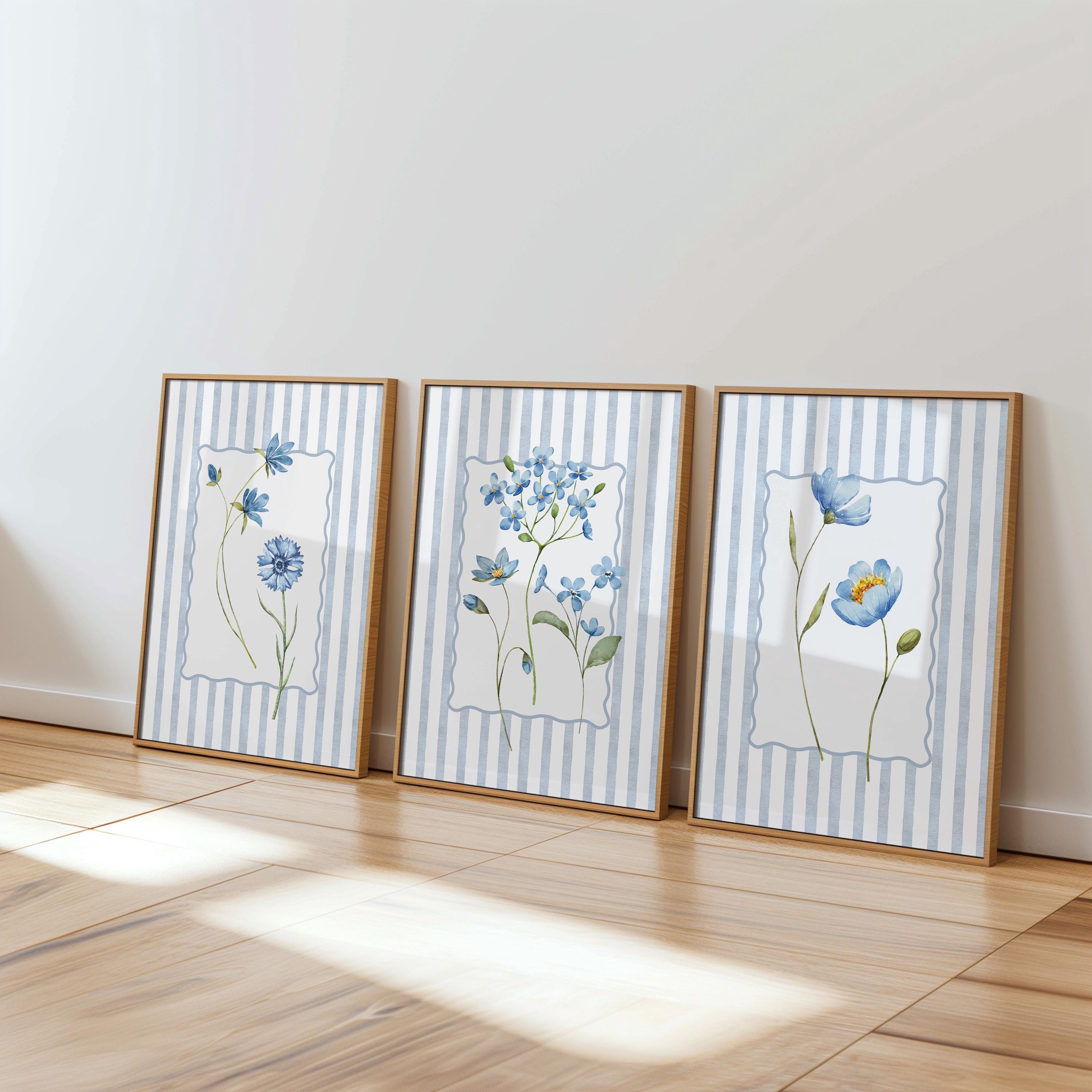 Spring Blue Floral Wall Art Set of 3 Printable, Striped Botanical Flower Prints, Coastal Cottage Gallery Wall Decor for Living Room Bedroom