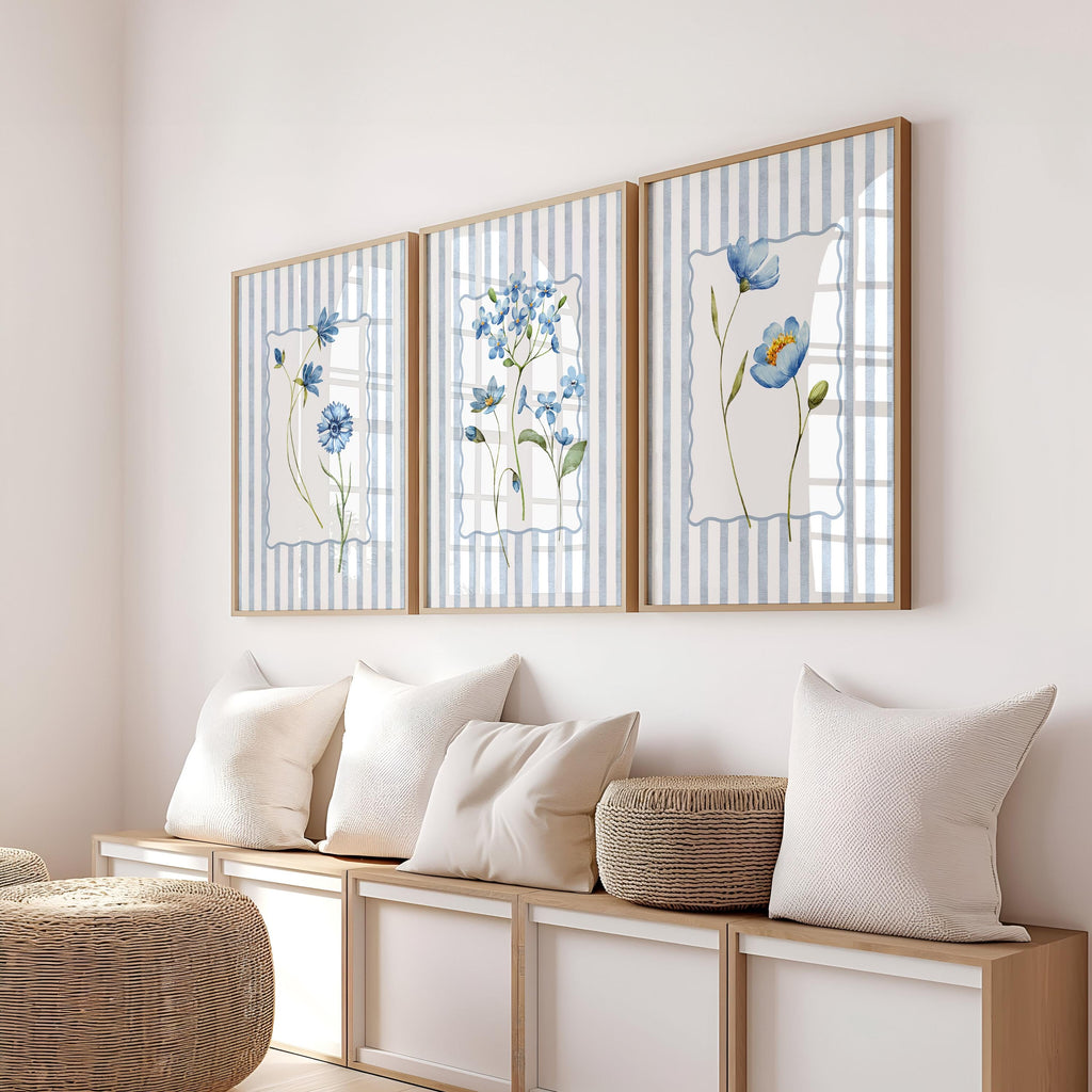 Spring Blue Floral Wall Art Set of 3 Printable, Striped Botanical Flower Prints, Coastal Cottage Gallery Wall Decor for Living Room Bedroom
