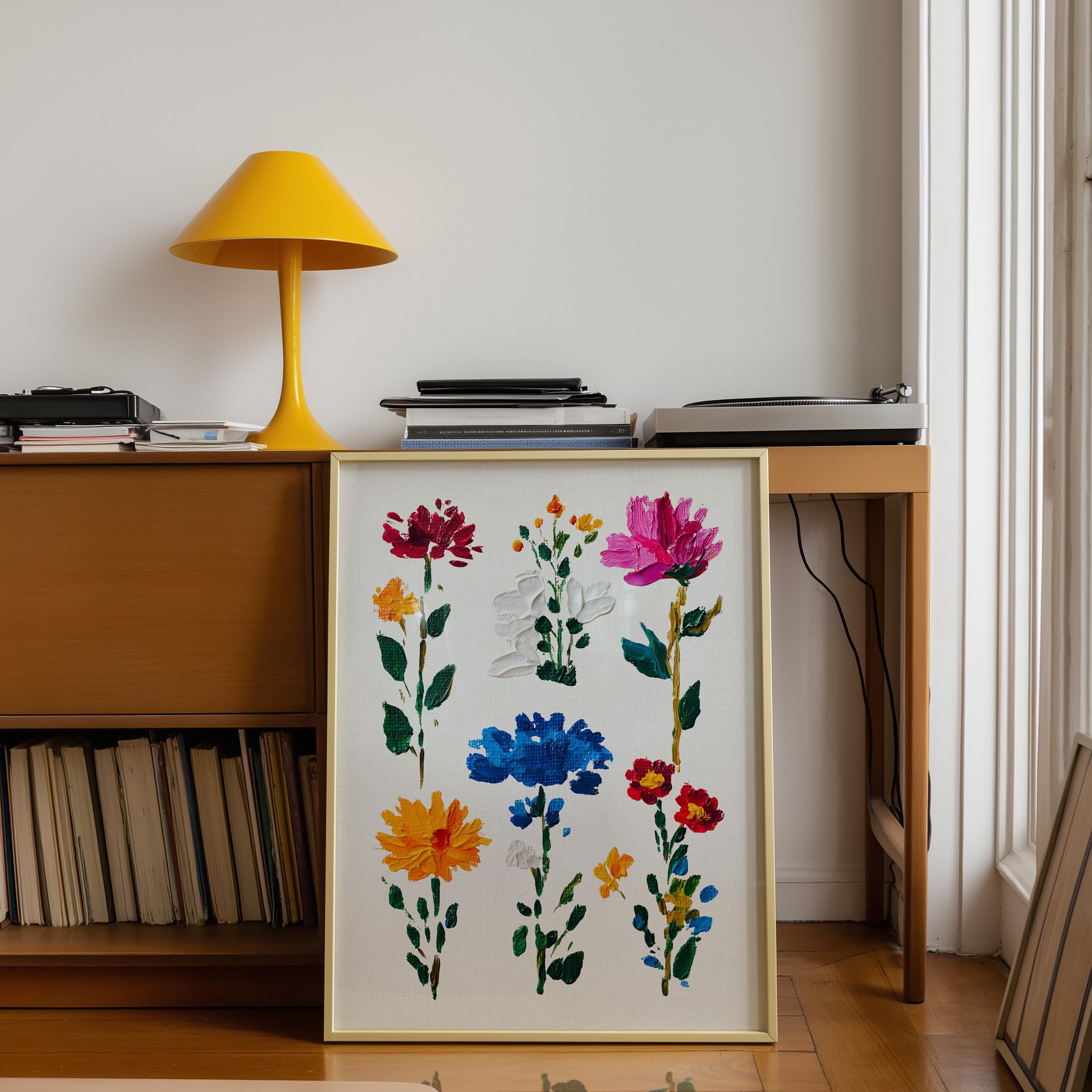 Colorful Floral Wall Art Print, Hand Painted Botanical Flowers Poster, Modern Cottagecore Wall Decor, Vintage Floral Art Digital Download
