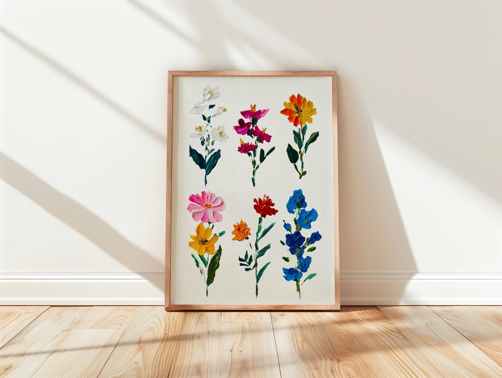Botanical Floral Wall Art Print, Colorful Hand Painted Flowers Poster, Modern Cottagecore Home Decor, Vintage Botanical Art Download