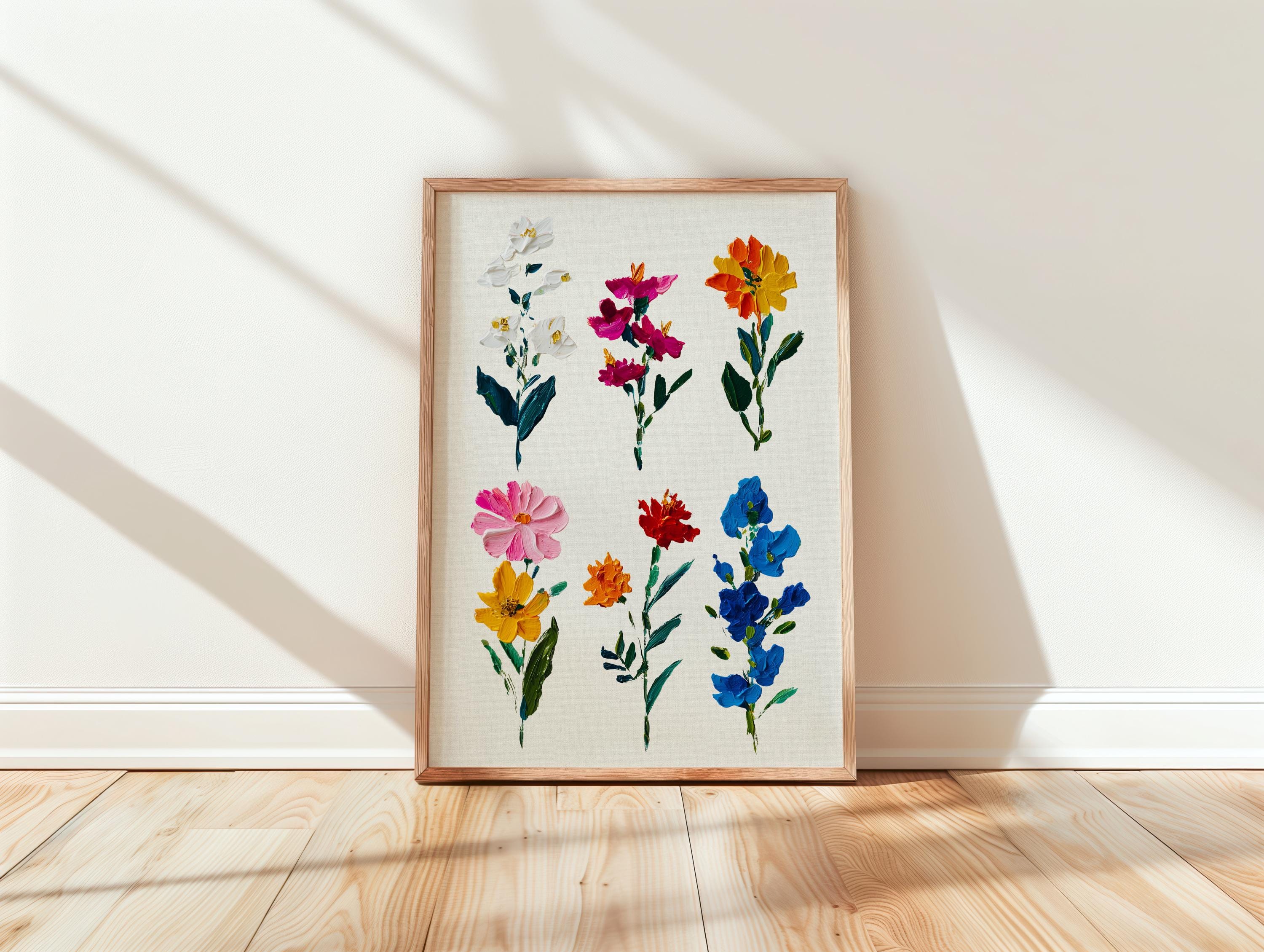Botanical Floral Wall Art Print, Colorful Hand Painted Flowers Poster, Modern Cottagecore Home Decor, Vintage Botanical Art Download