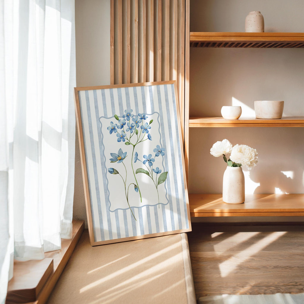 Spring Blue Floral Wall Art, Botanical Flower Print, Cottagecore Home Decor, Soft Pastel Floral Poster, Vintage Style Wall Art