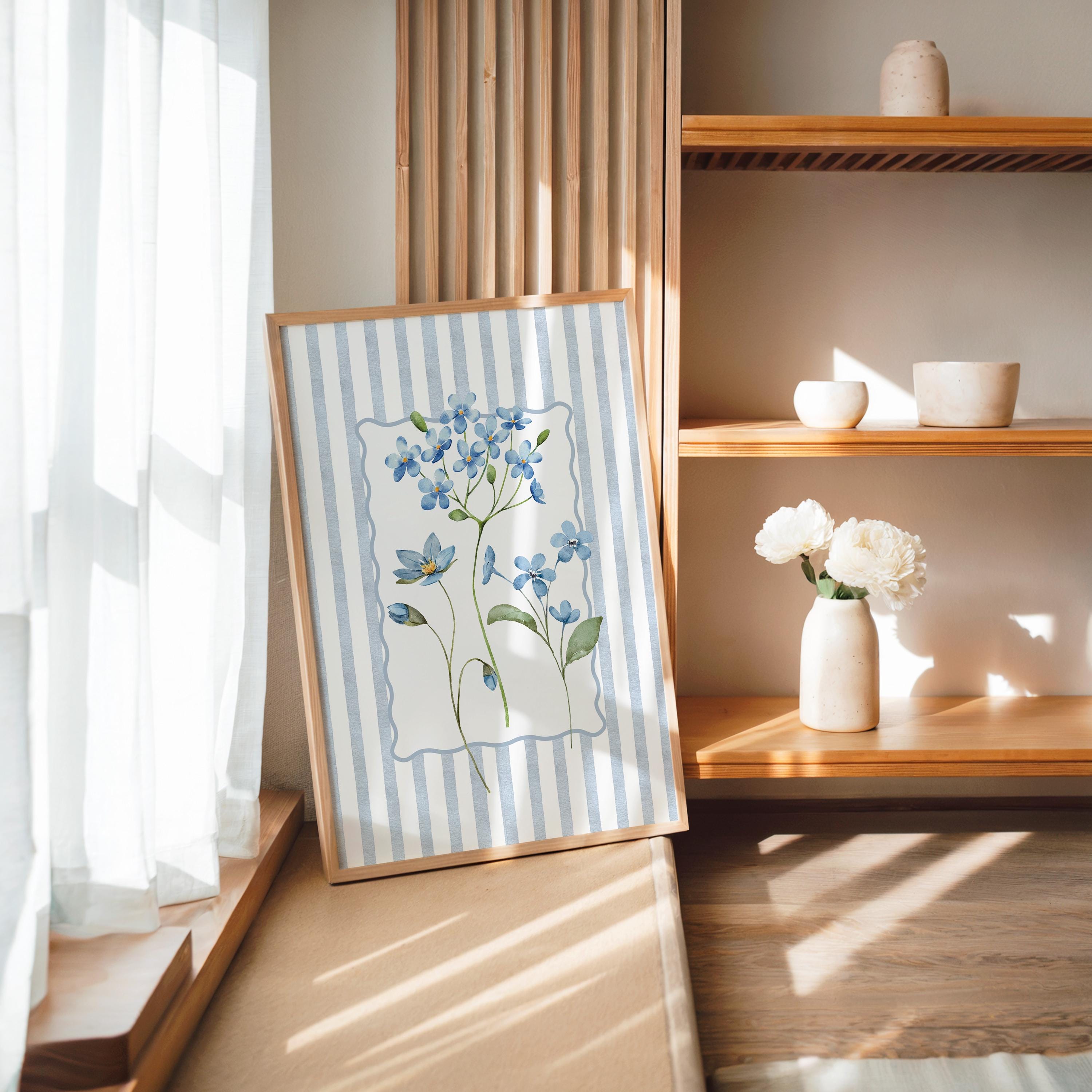 Spring Blue Floral Wall Art, Botanical Flower Print, Cottagecore Home Decor, Soft Pastel Floral Poster, Vintage Style Wall Art