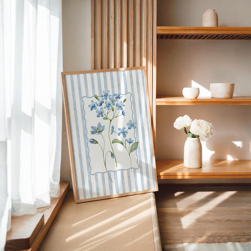 Spring Blue Floral Wall Art, Botanical Flower Print, Cottagecore Home Decor, Soft Pastel Floral Poster, Vintage Style Wall Art