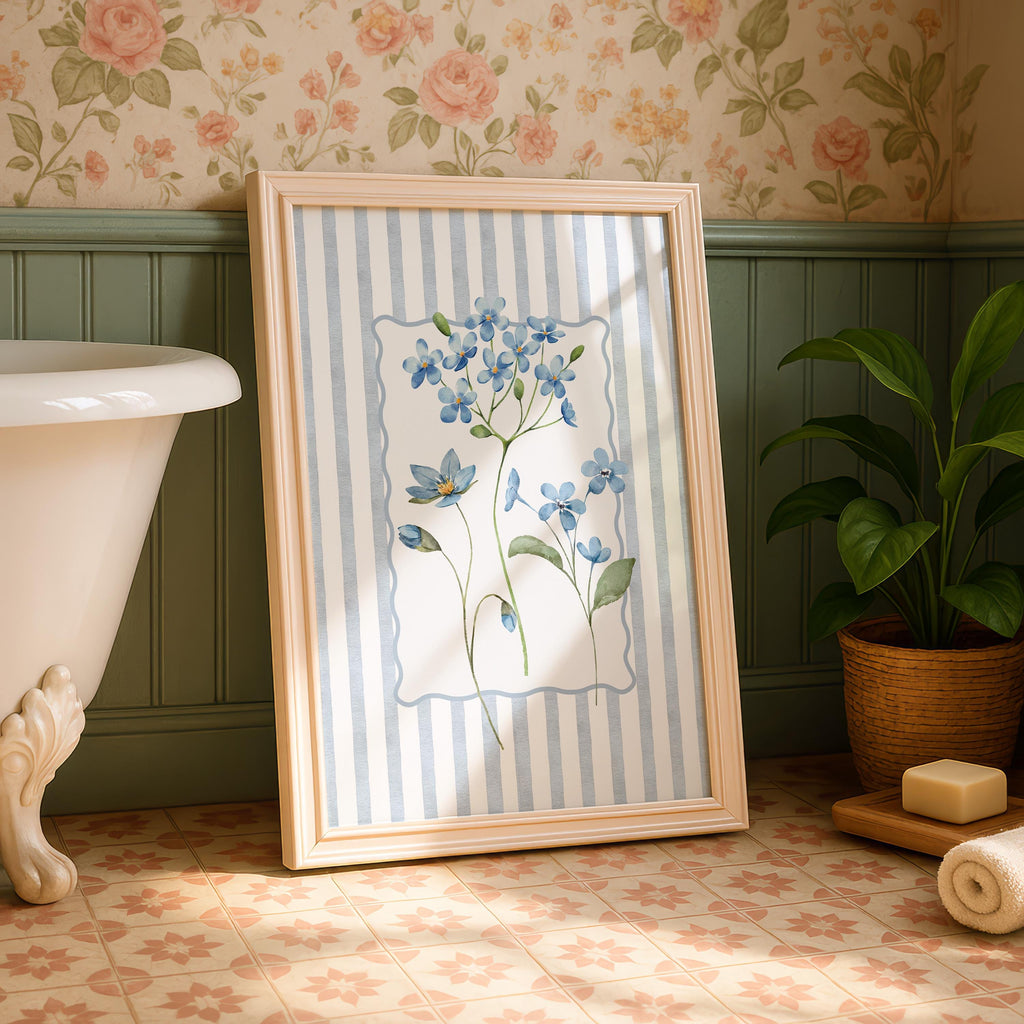 Spring Blue Floral Wall Art, Botanical Flower Print, Cottagecore Home Decor, Soft Pastel Floral Poster, Vintage Style Wall Art