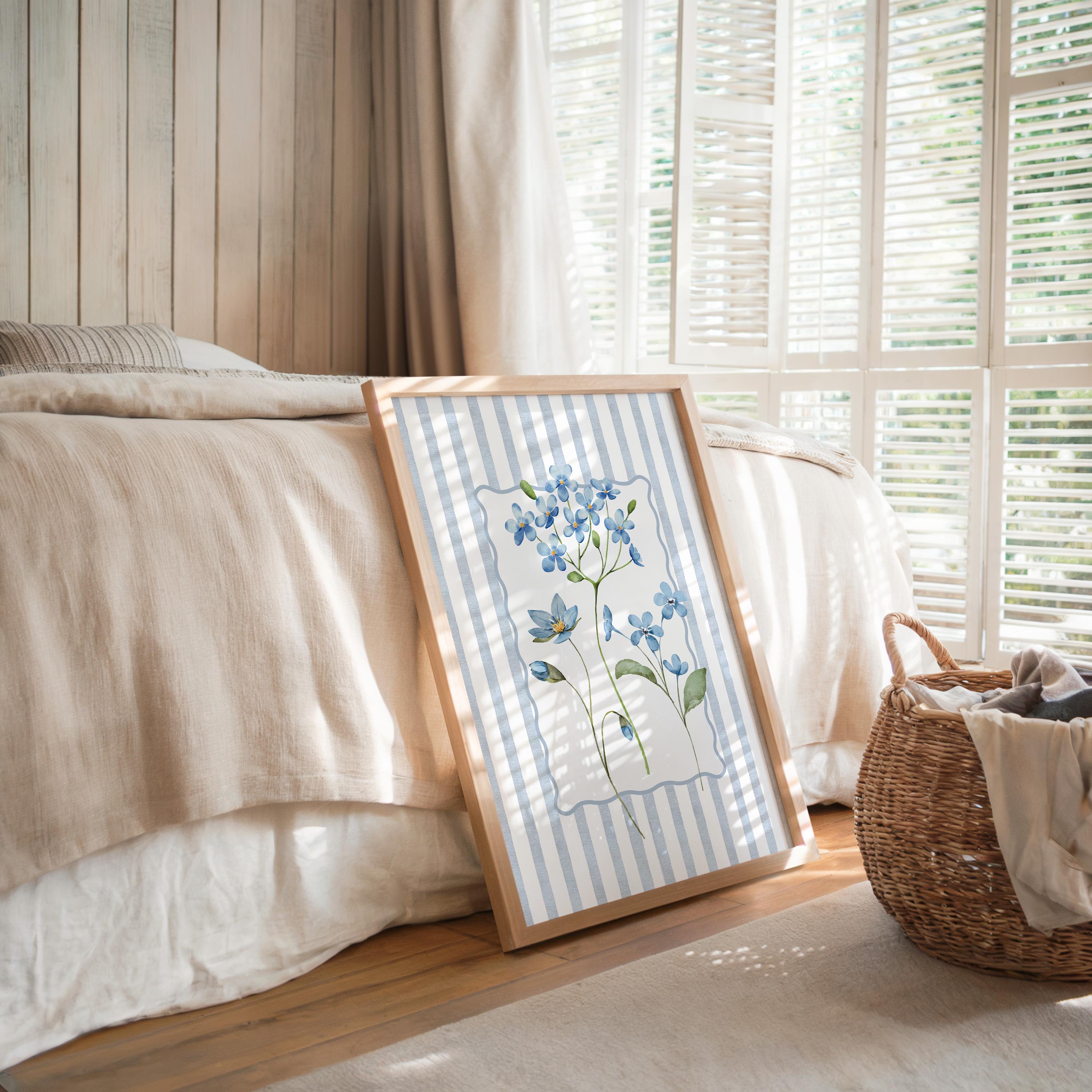 Spring Blue Floral Wall Art, Botanical Flower Print, Cottagecore Home Decor, Soft Pastel Floral Poster, Vintage Style Wall Art