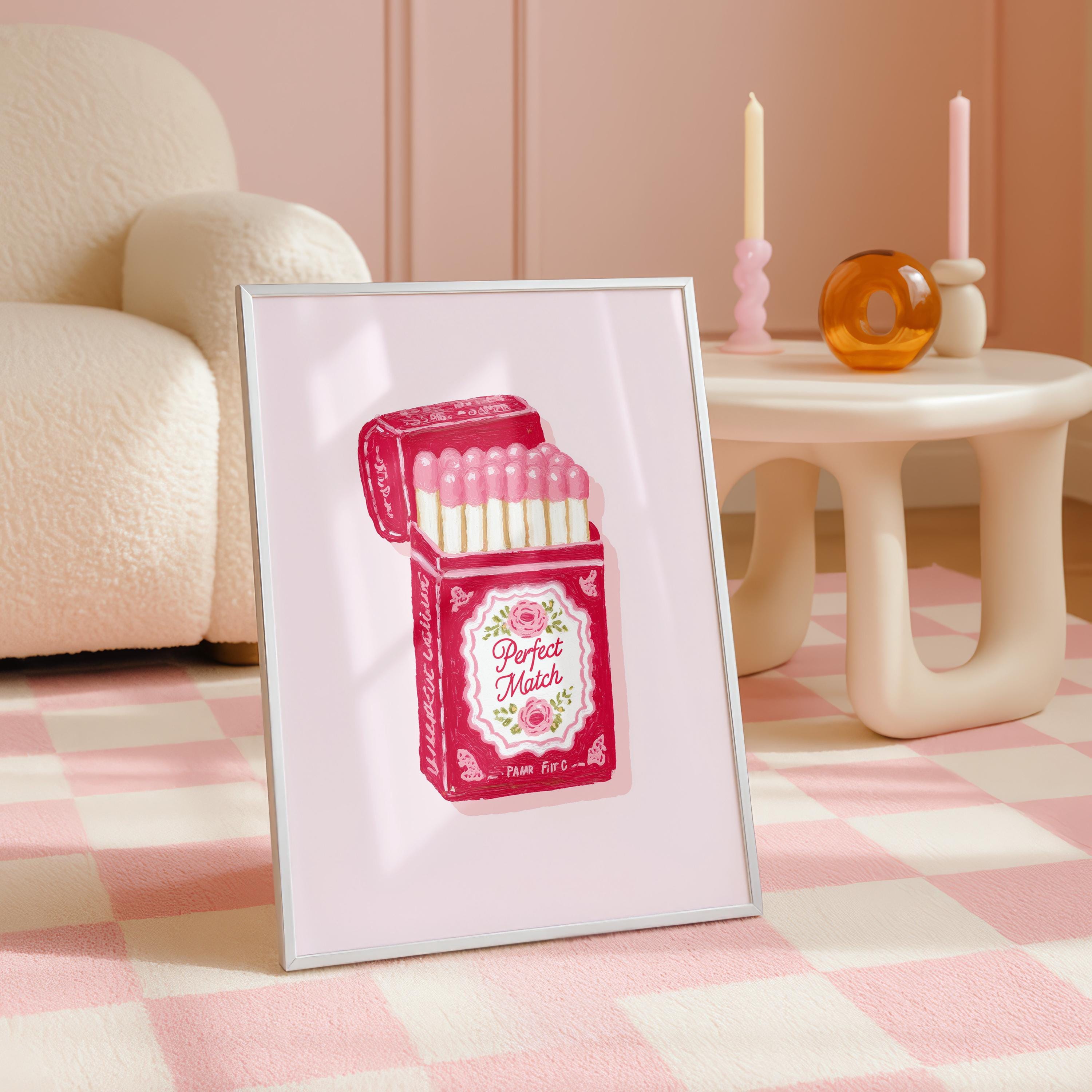 Perfect Match Pink Matchbox Art Print, Valentine Wall Art, Romantic Bar Cart Decor, Retro Love Poster, Girly Home Art, Trendy Print