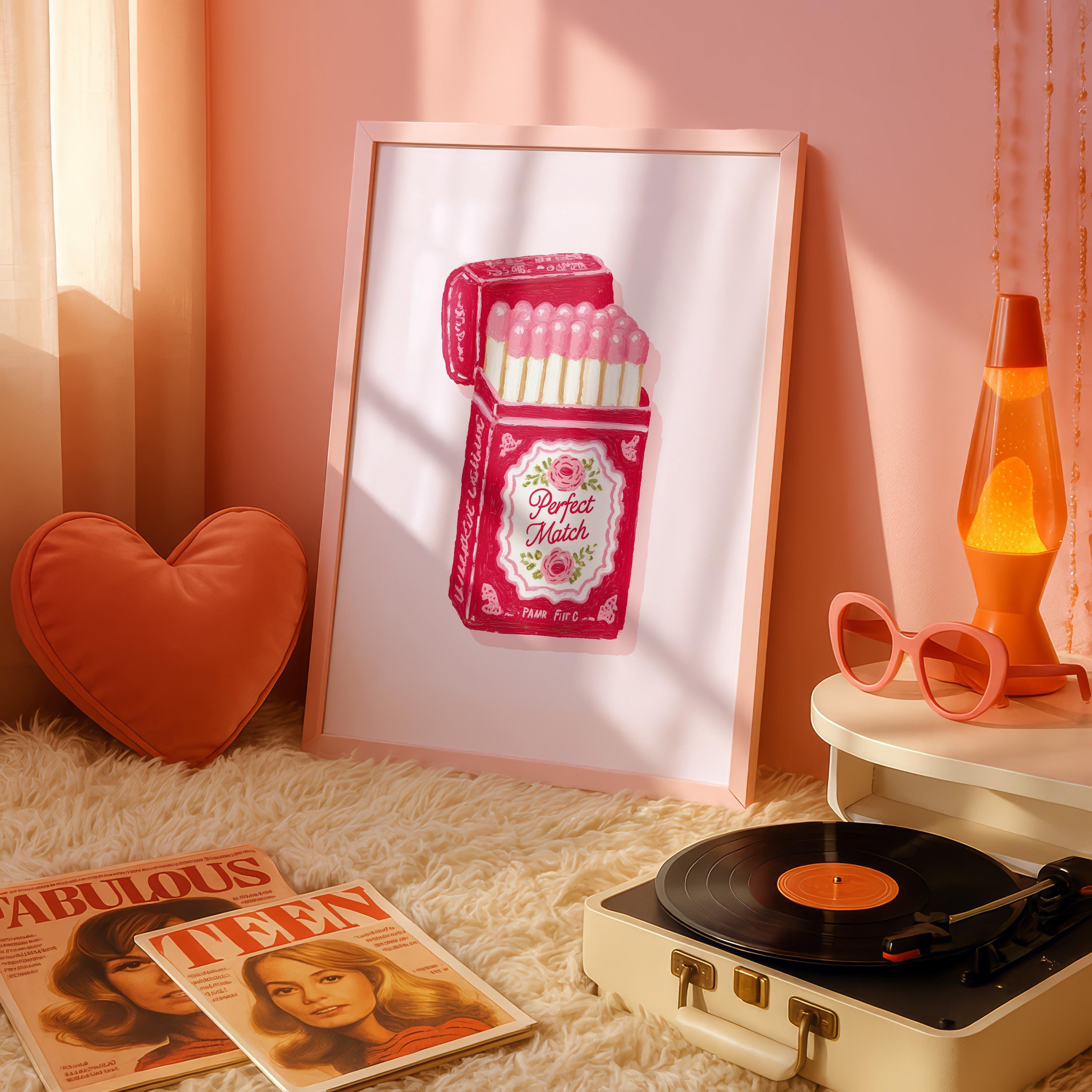 Perfect Match Pink Matchbox Art Print, Valentine Wall Art, Romantic Bar Cart Decor, Retro Love Poster, Girly Home Art, Trendy Print