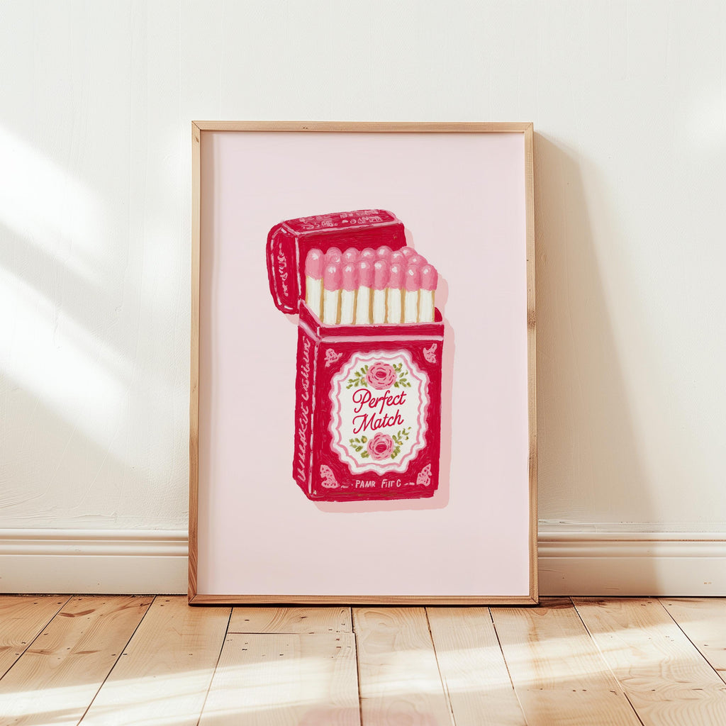 Perfect Match Pink Matchbox Art Print, Valentine Wall Art, Romantic Bar Cart Decor, Retro Love Poster, Girly Home Art, Trendy Print