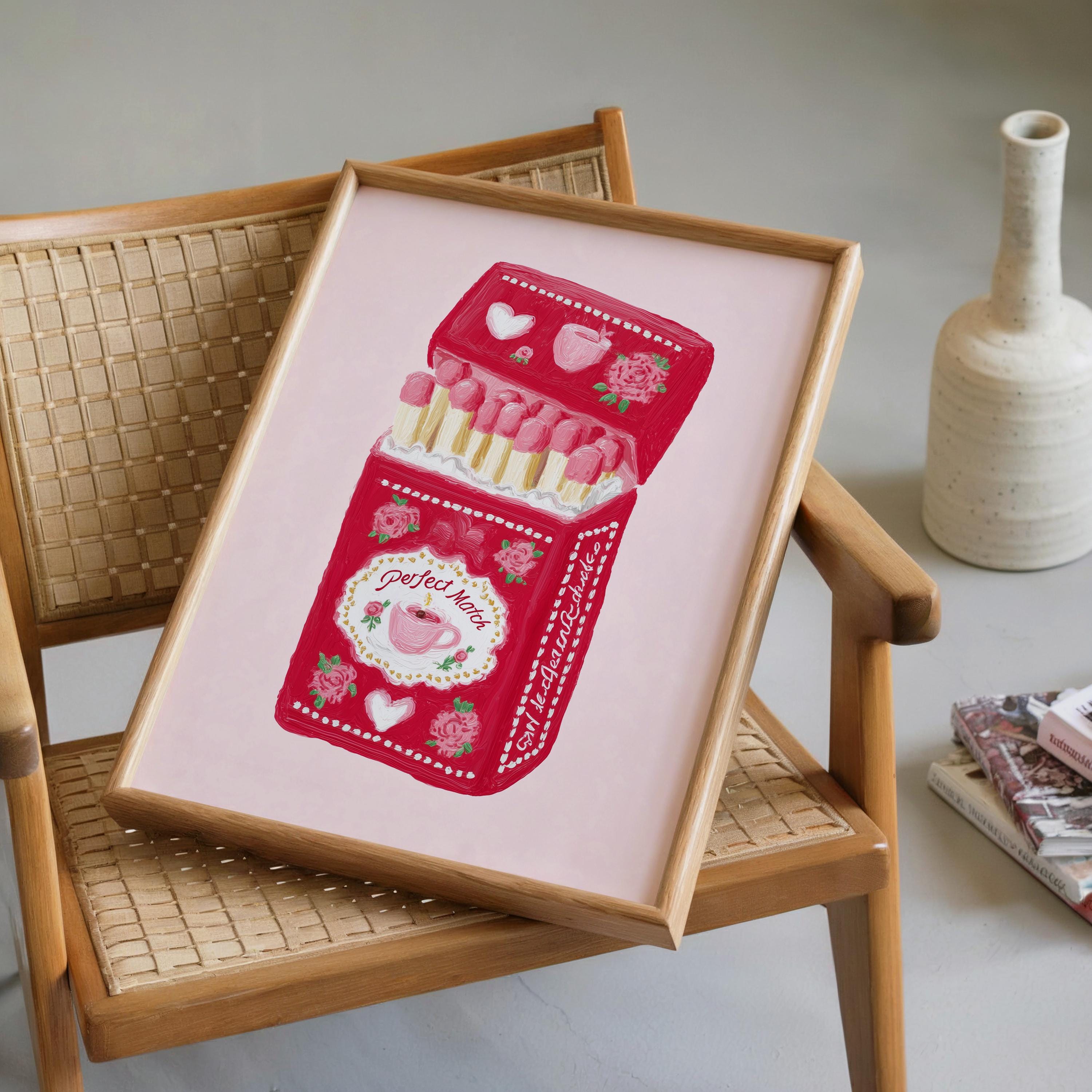 Perfect Match Pink Matchbox Art Print, Valentine Wall Art, Cute Coffee Love Poster, Romantic Girly Decor, Retro Pink Home Art, Trendy Print