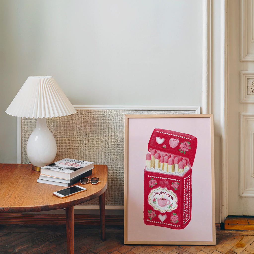 Perfect Match Pink Matchbox Art Print, Valentine Wall Art, Cute Coffee Love Poster, Romantic Girly Decor, Retro Pink Home Art, Trendy Print