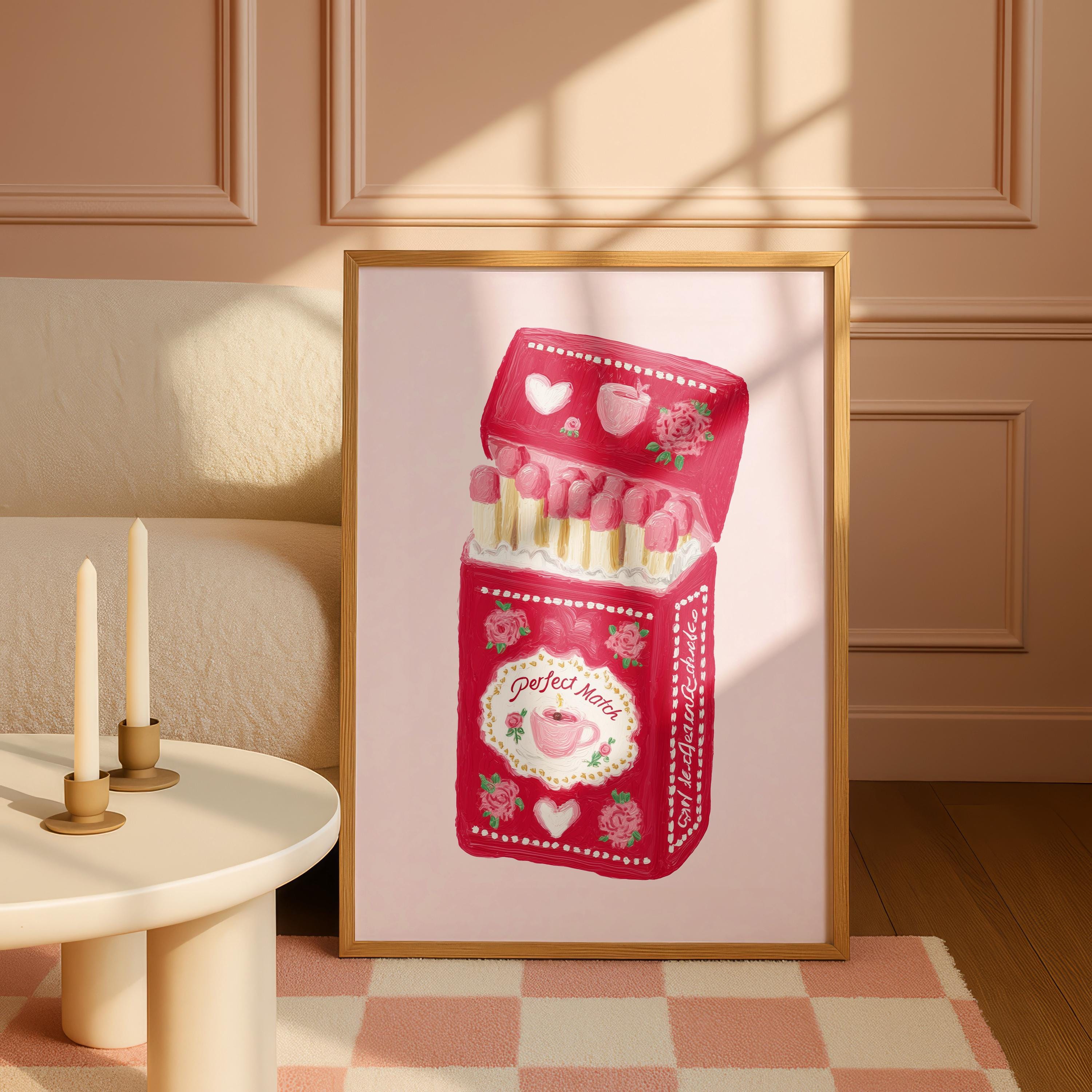 Perfect Match Pink Matchbox Art Print, Valentine Wall Art, Cute Coffee Love Poster, Romantic Girly Decor, Retro Pink Home Art, Trendy Print
