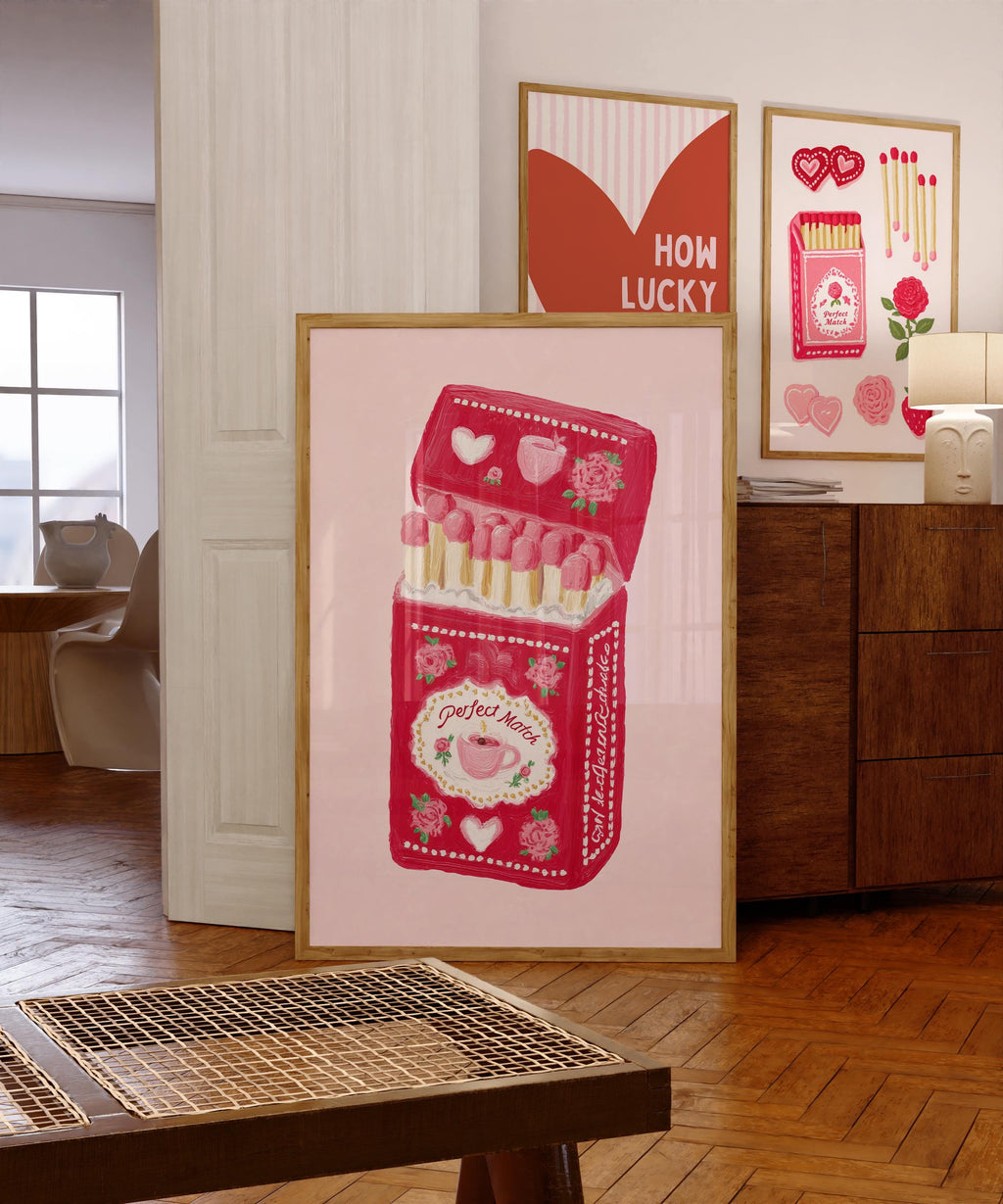 Perfect Match Pink Matchbox Art Print, Valentine Wall Art, Cute Coffee Love Poster, Romantic Girly Decor, Retro Pink Home Art, Trendy Print