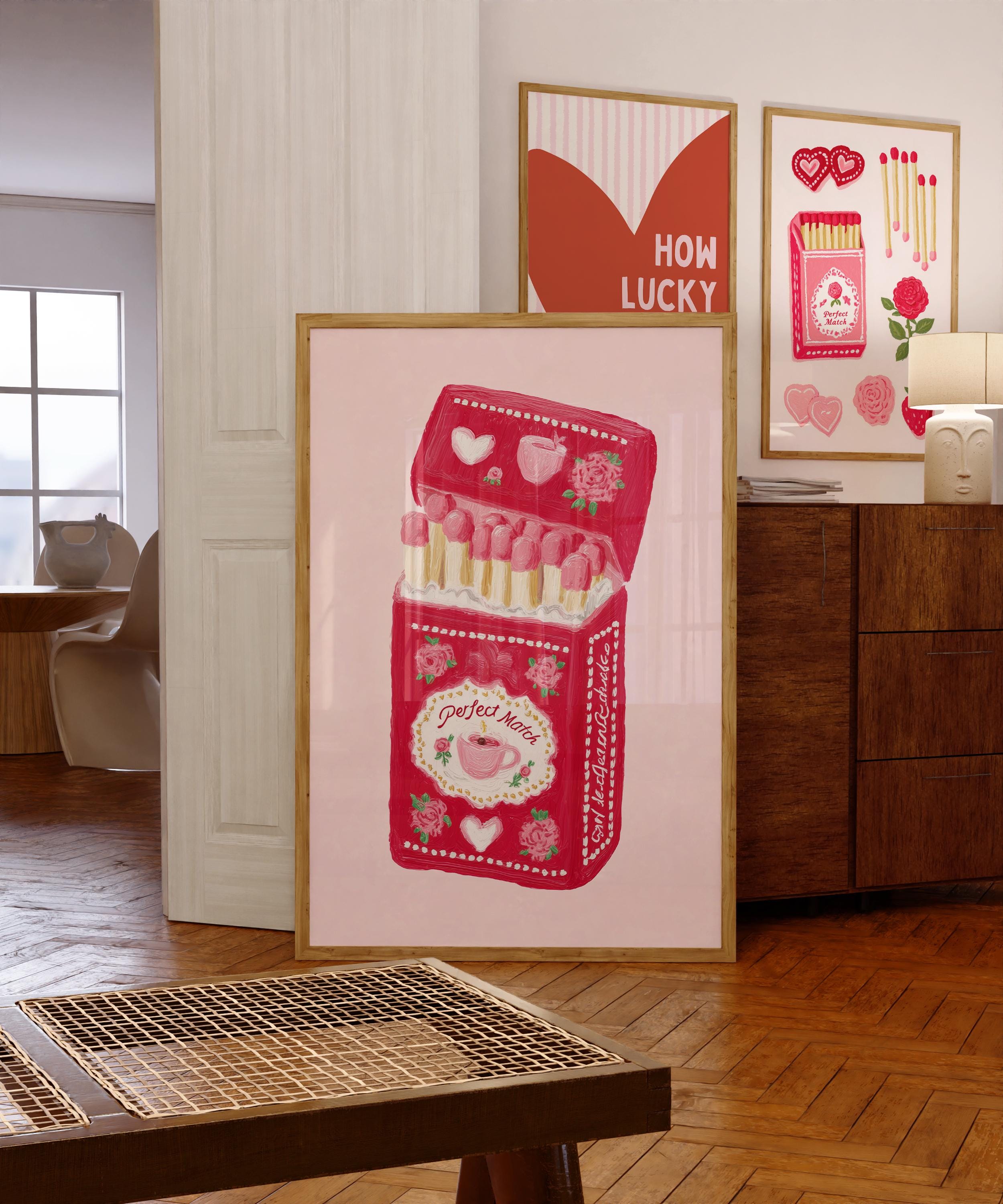 Perfect Match Pink Matchbox Art Print, Valentine Wall Art, Cute Coffee Love Poster, Romantic Girly Decor, Retro Pink Home Art, Trendy Print