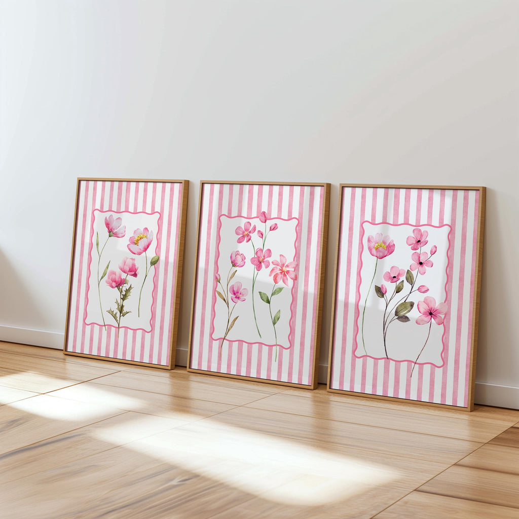 Pink Floral Wall Art Set of 3, Botanical Flower Prints, Cottagecore Bedroom Decor, Vintage Stripe Floral Printable Wall Art