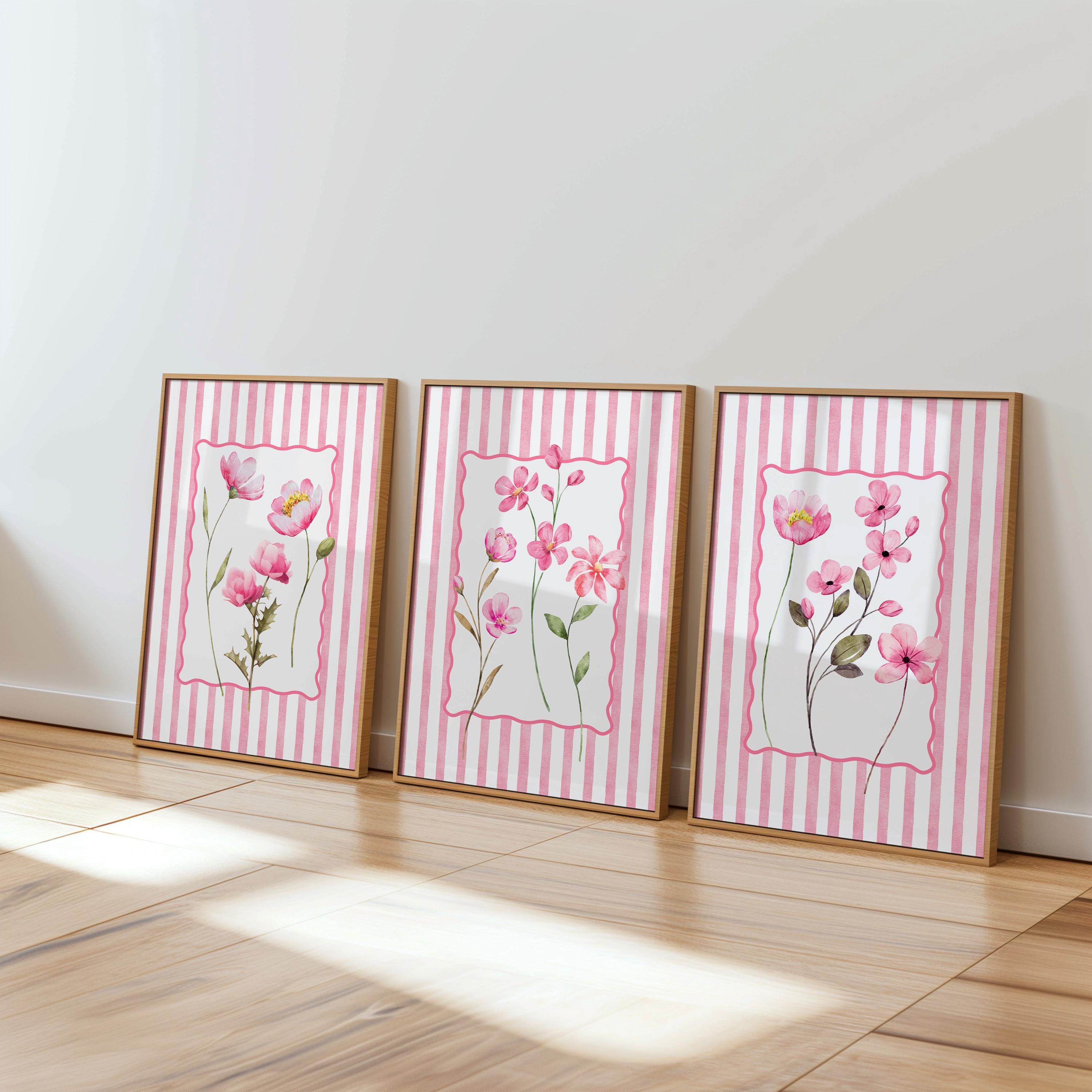 Pink Floral Wall Art Set of 3, Botanical Flower Prints, Cottagecore Bedroom Decor, Vintage Stripe Floral Printable Wall Art
