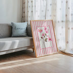 Pink Floral Wall Art Set of 3, Botanical Flower Prints, Cottagecore Bedroom Decor, Vintage Stripe Floral Printable Wall Art