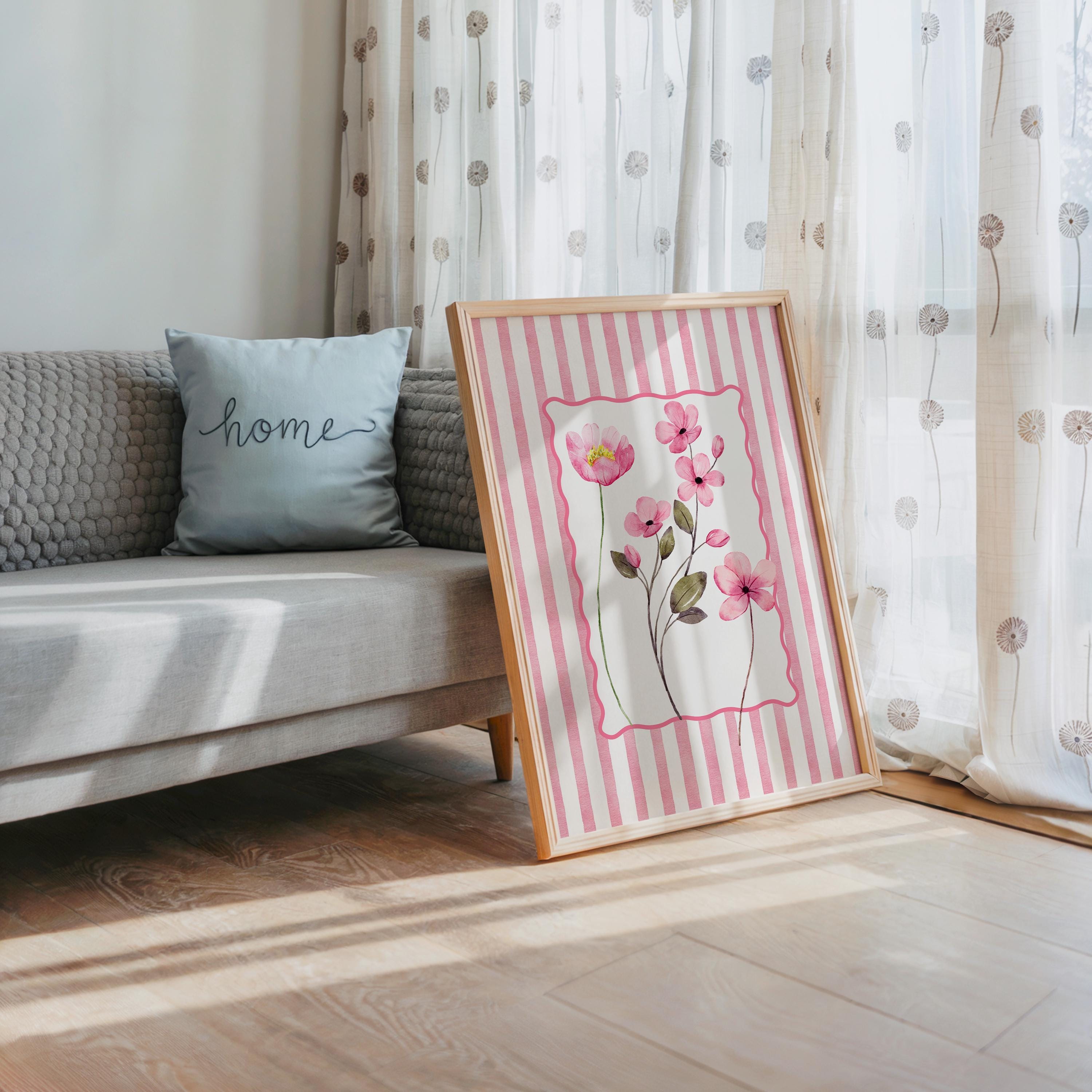 Pink Floral Wall Art Set of 3, Botanical Flower Prints, Cottagecore Bedroom Decor, Vintage Stripe Floral Printable Wall Art