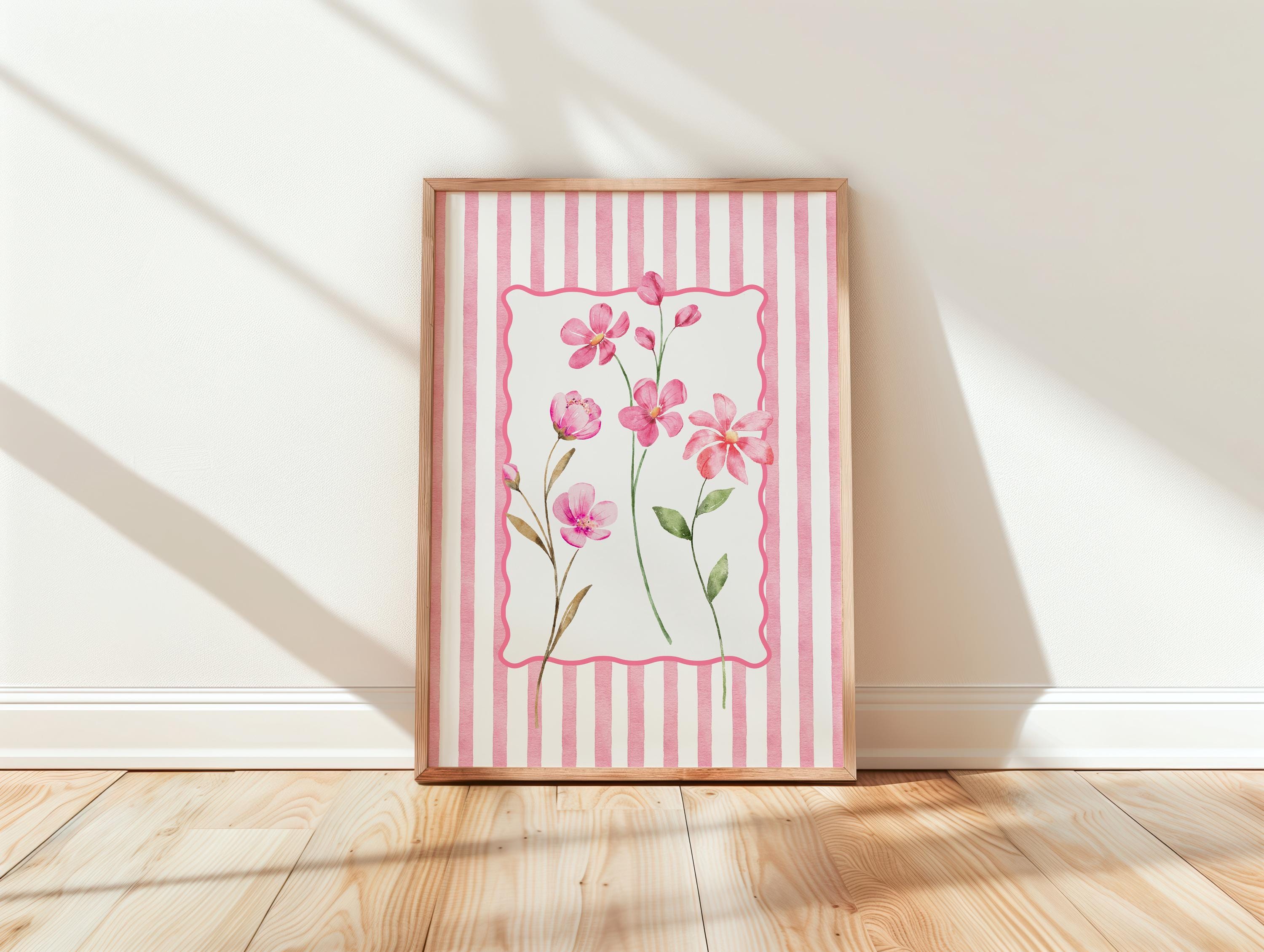 Pink Floral Wall Art Printable, Girly Flower Illustration, Preppy Nursery Wall Decor, Cute Spring Botanical Poster, Girls Room Art