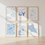 Coastal Wall Art Set of 6 Printable, Blue Beach Line Art Prints, Summer Seaside Gallery Wall, Bathroom Living Room Decor, DIGITAL DOWNLOAD