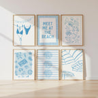 Meet Me at the Beach Wall Art Set of 6 Printable, Blue Coastal Line Art Prints, Summer Beach House Gallery Wall Decor, Coastal Blue Prints