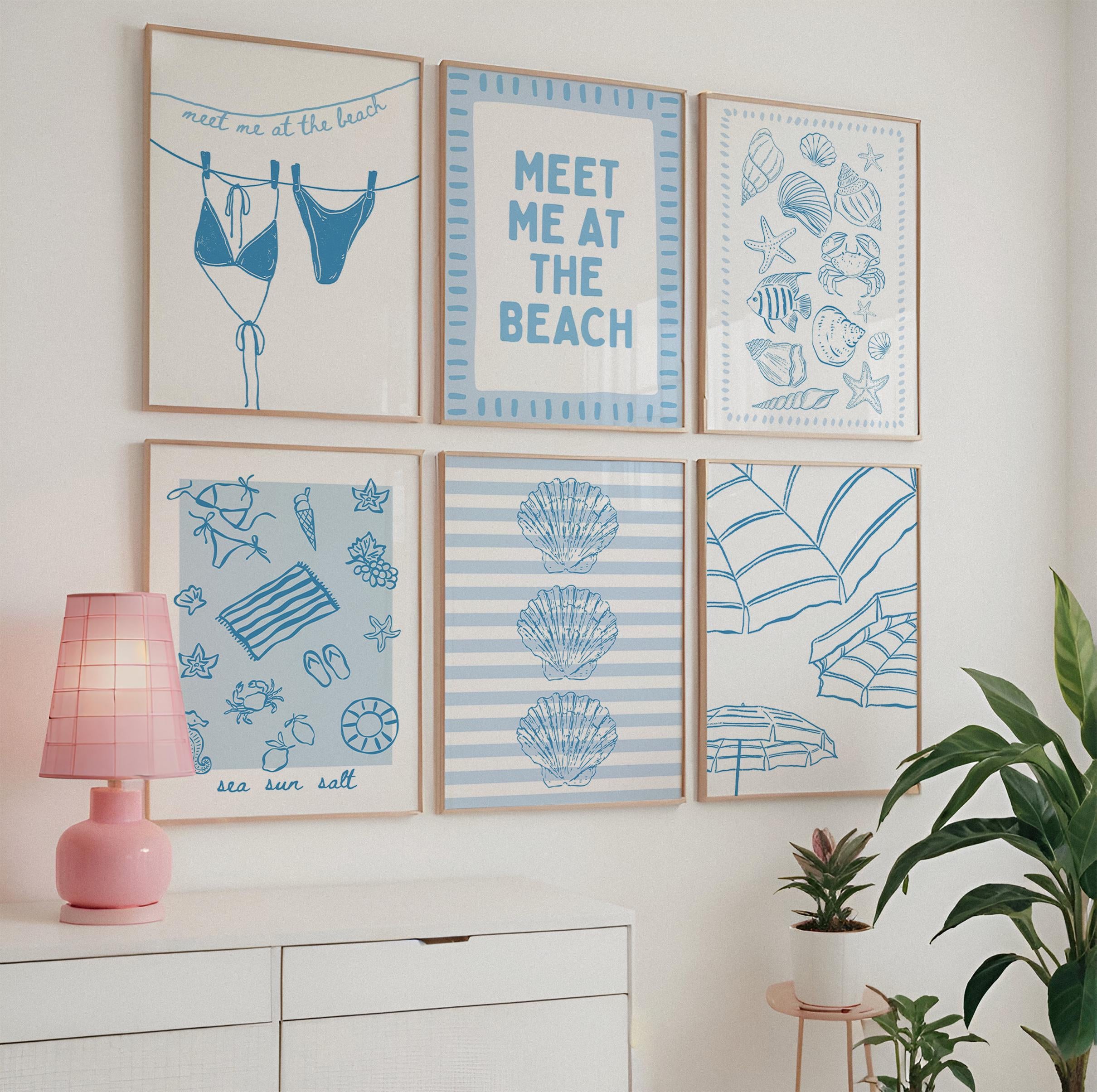 Meet Me at the Beach Wall Art Set of 6 Printable, Blue Coastal Line Art Prints, Summer Beach House Gallery Wall Decor, Coastal Blue Prints