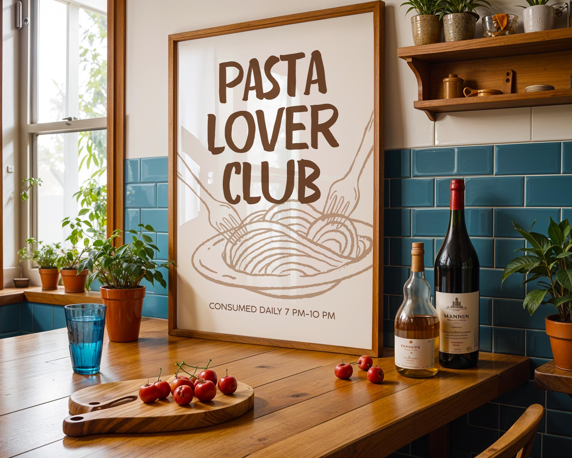 Pasta Lover Club Print, Kitchen Poster Printable, Italian Food Typography Print, Neutral Kitchen Decor, Dining Room Wall Art, Minimal Art