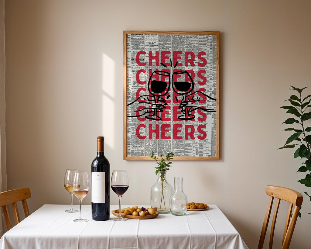 Cheers Wall Art Print, Vintage Newspaper Bar Cart Poster, Red Black Typography Art, Kitchen Bar Decor, Modern Retro Alcohol Quote