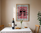 Cheers Wall Art Print, Vintage Newspaper Bar Cart Poster, Red Black Typography Art, Kitchen Bar Decor, Modern Retro Alcohol Quote